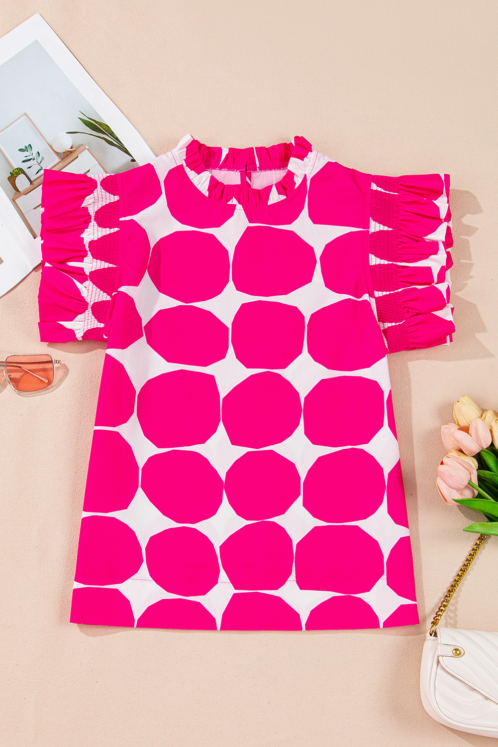 Rose Bubblegum Pattern Frilled Collar Flutter Sleeve Top
