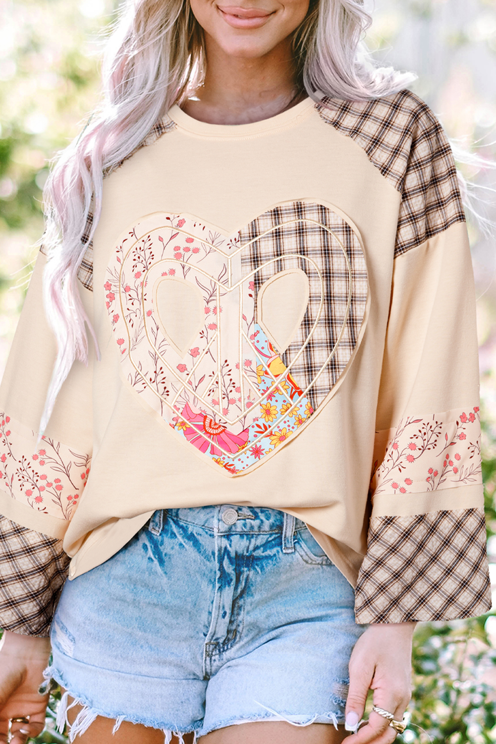 Beige Flower Patch Graphic Exposed Seam Wide Sleeve Top