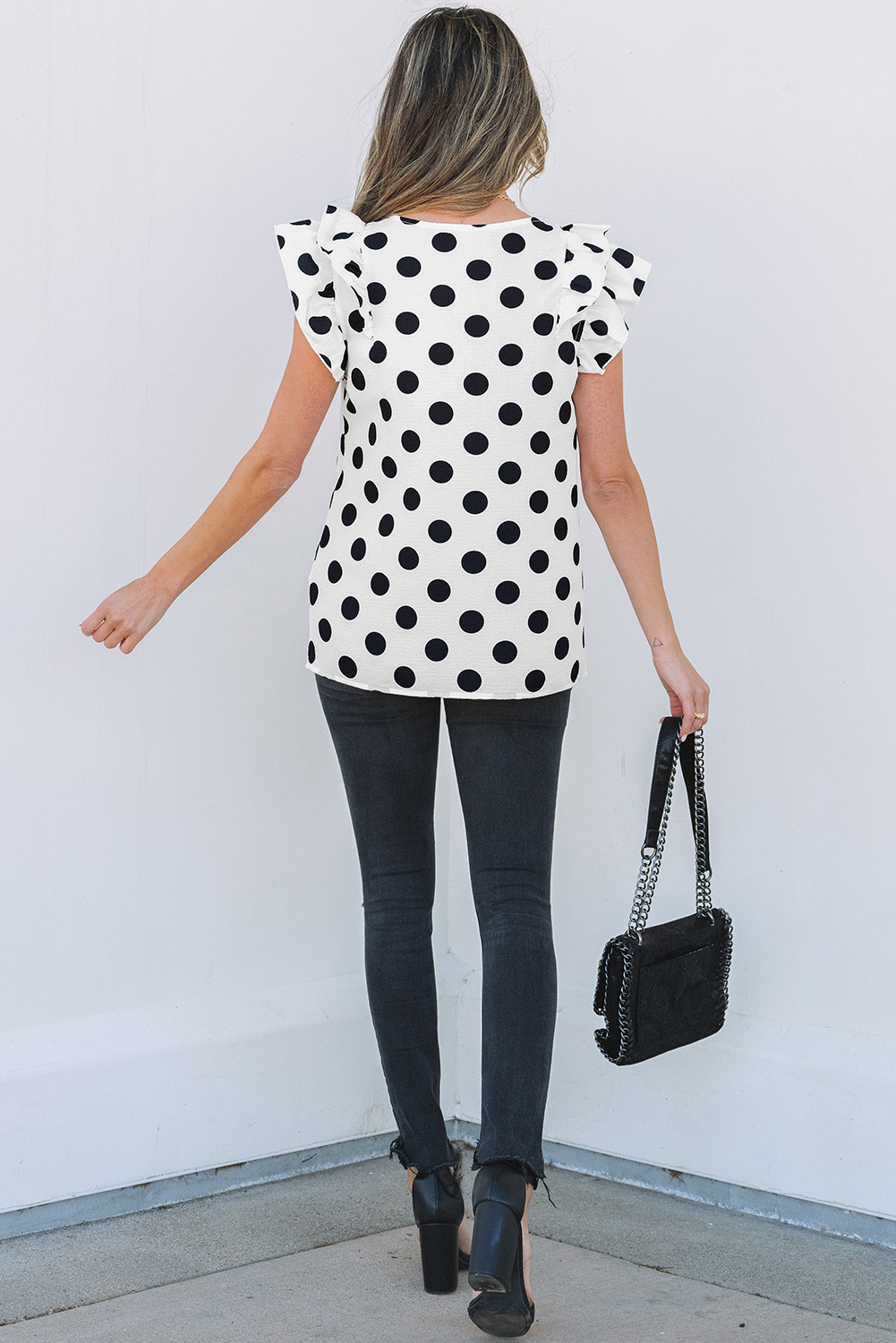 Black Polka Dot Print Ruffled Sleeve V Neck Blouse