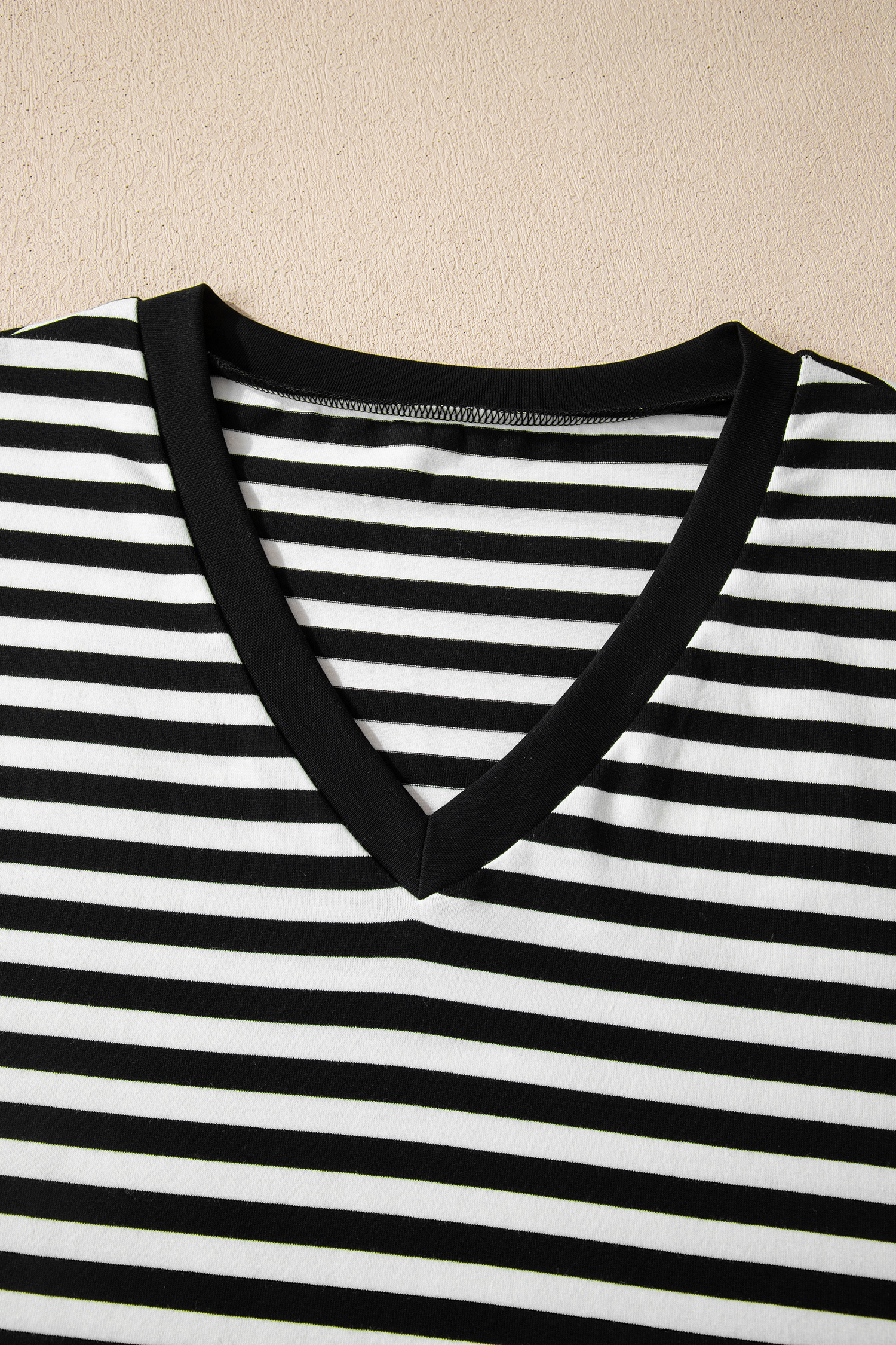 Black Striped Print V Neck Delicate Trim Casual Tee