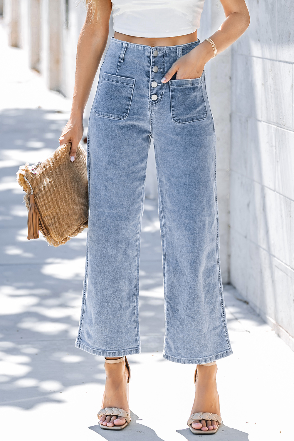 Sky Blue High Waist Cropped Wide Leg Jeans