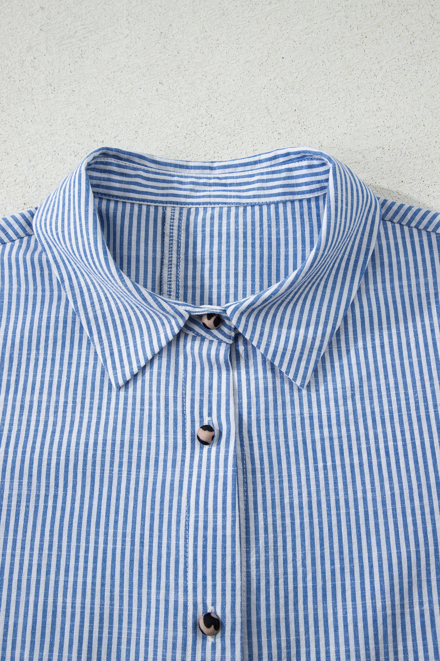 Sky Blue Stripe Contrast Frilled Leopard Trim Casual Long Sleeve Shirt