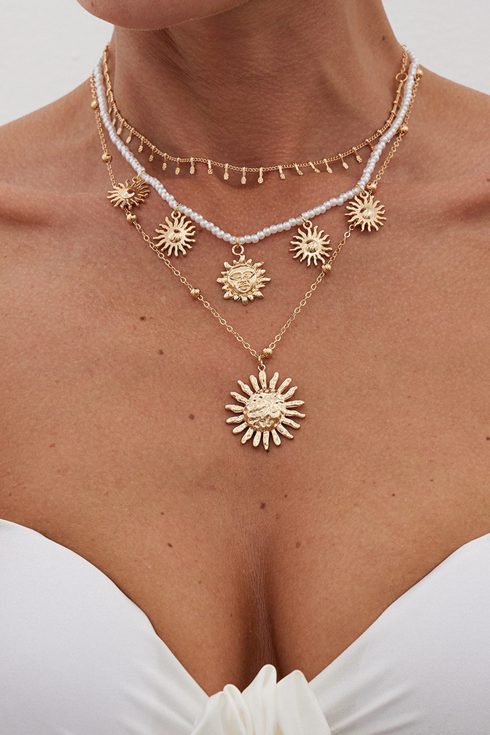 Gold Plated Alloy Pearl 3pcs Sun Goddess Necklace Set