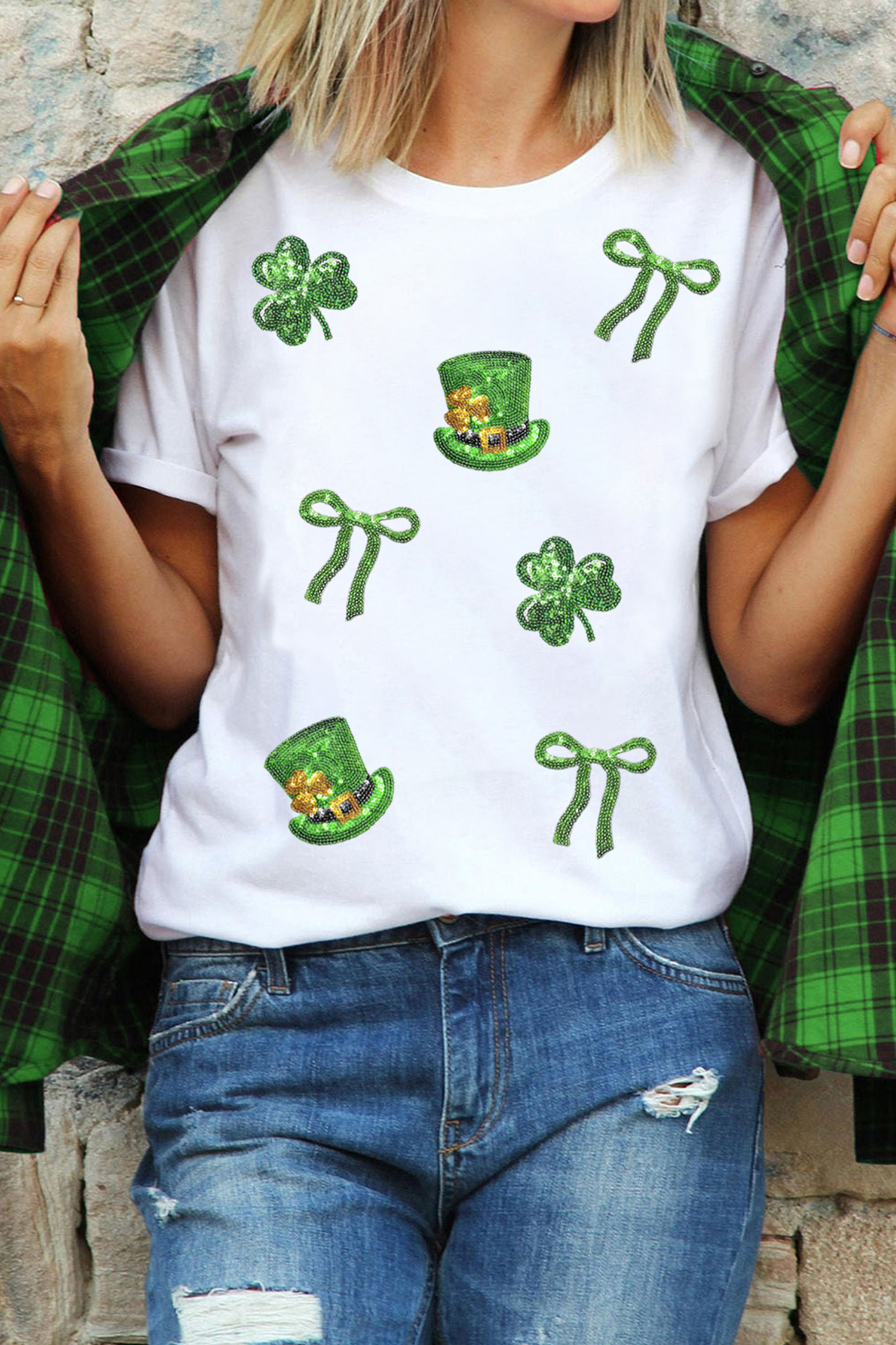 White Coquette St Patricks Day Sequin Graphic T Shirt