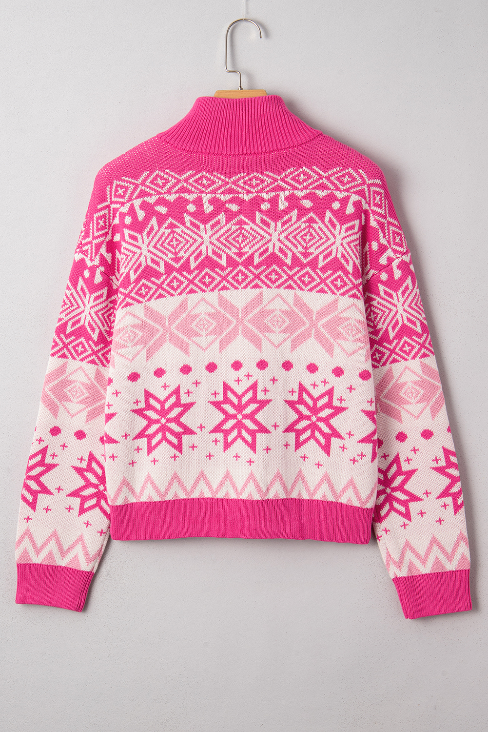 Rose Red Christmas Snowflake Quarter Zip Collard Sweater