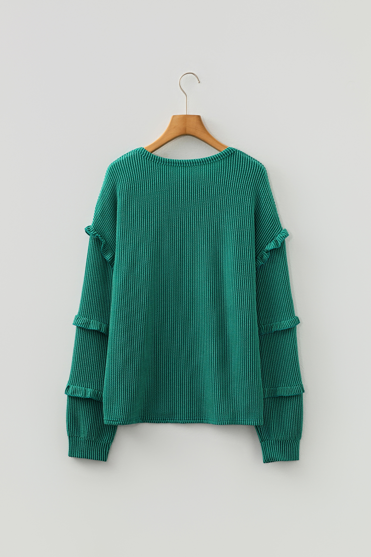 Evergreen Twisted Ribbed Tiered Ruffles Long Sleeve Pullover Top
