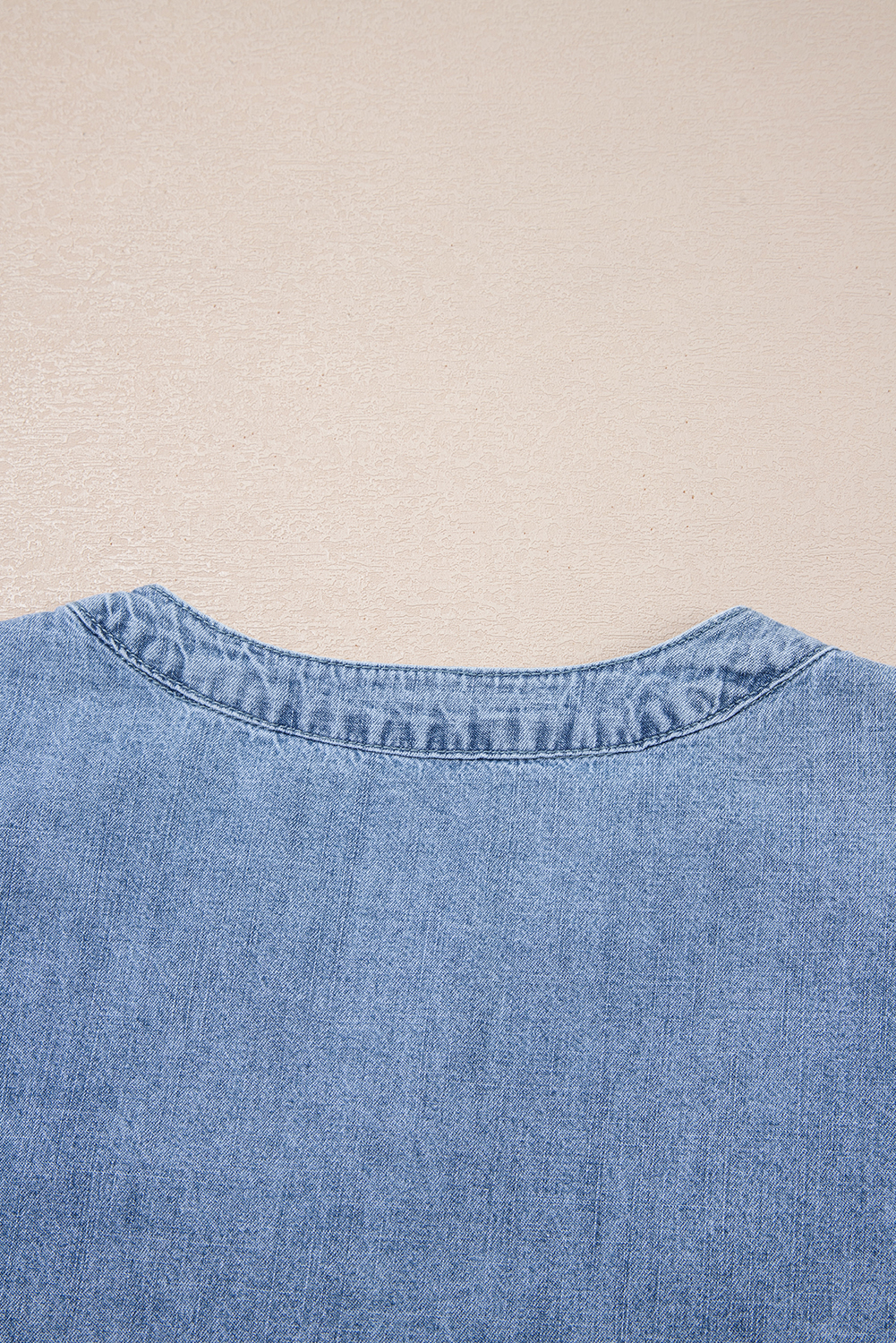 Myosotis Pintuck Pleats Puff Sleeve Split V Neck Summer Denim Top