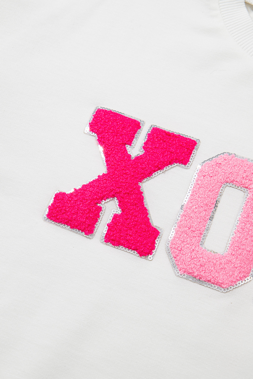 White XOXO Chenille Letter Graphic Valentine Pullover Sweatshirt