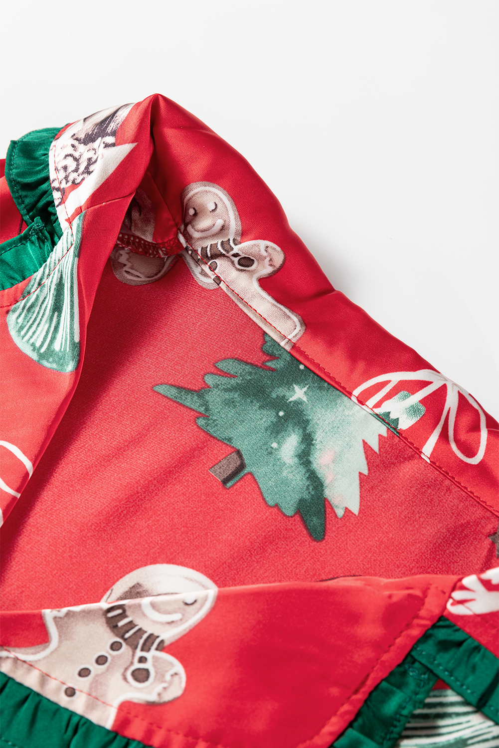 Red Christmas Fashion Print Contrast Ruffle Trim Ribbon Bow Knot 2pcs Pajama Set