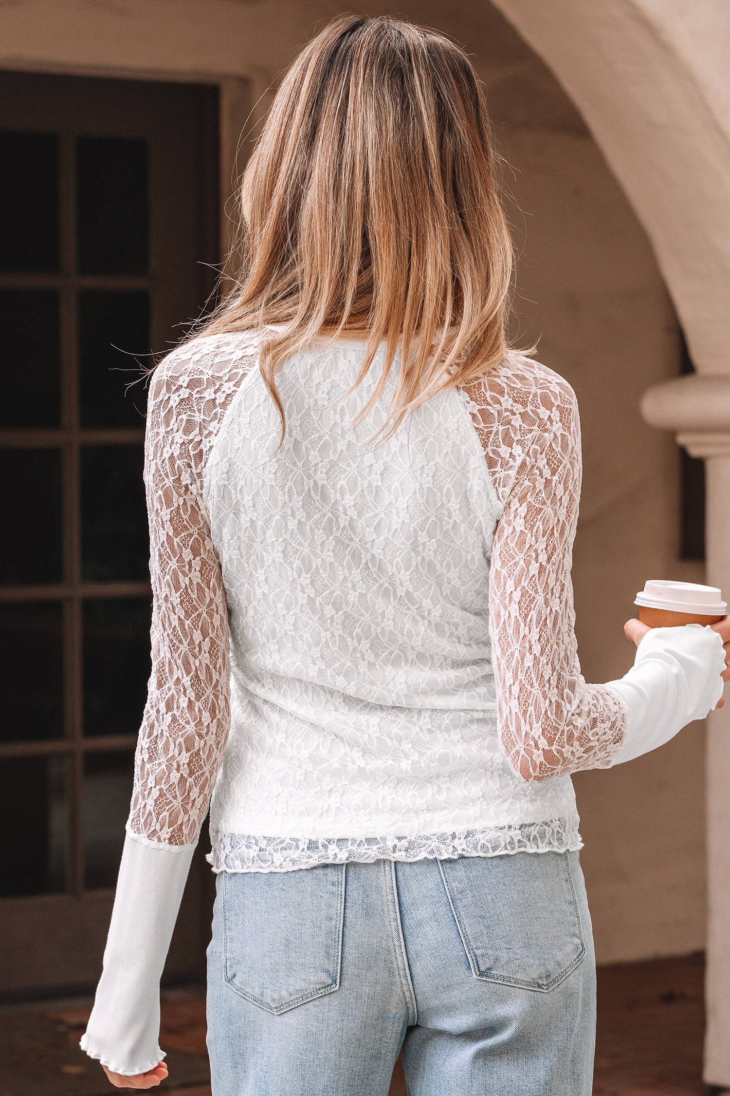 White Sheer Lace Long Sleeve Slim Henley Top