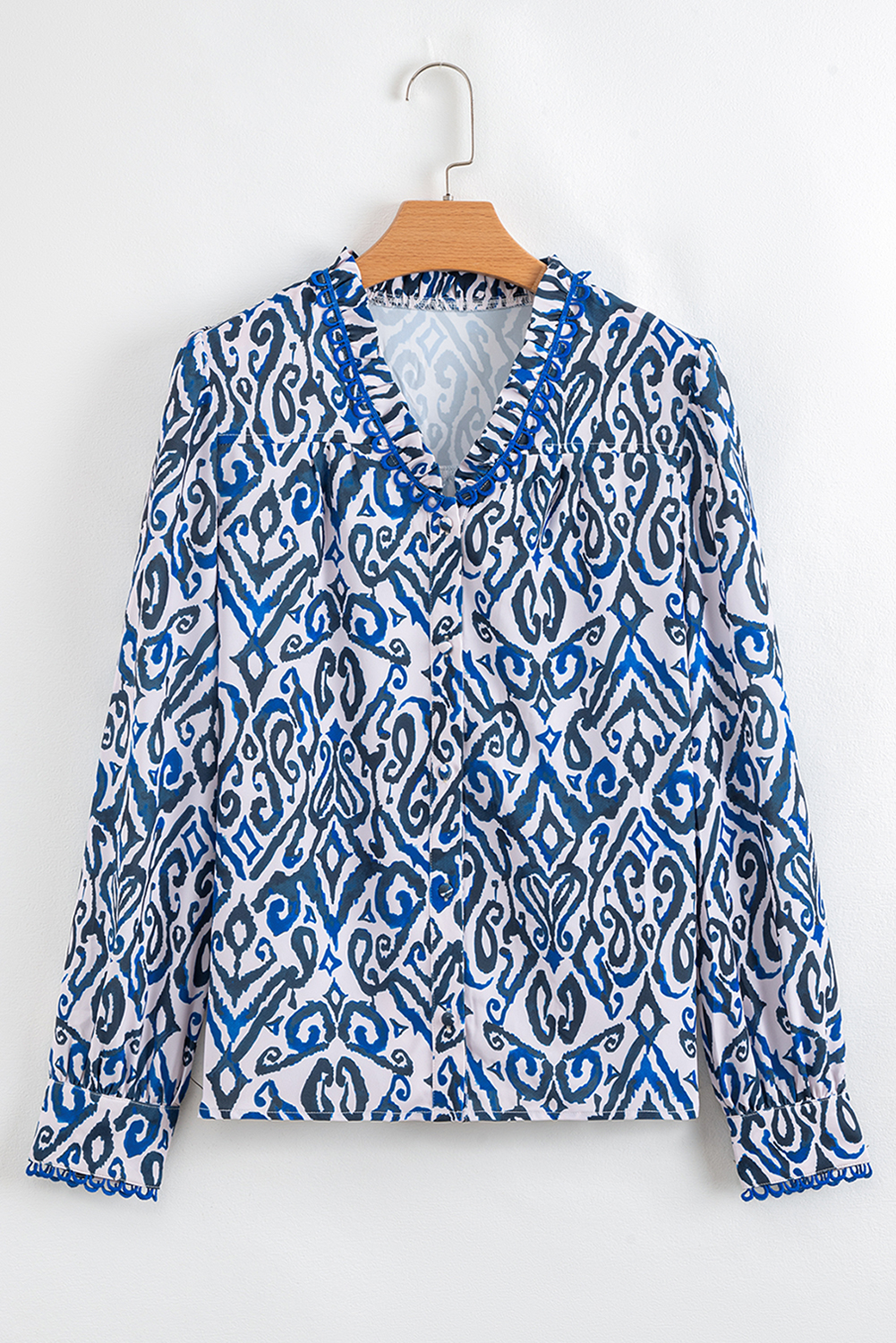 Blue Bohemian Print Embroidered V Neckline Detail Long Sleeve Shirt