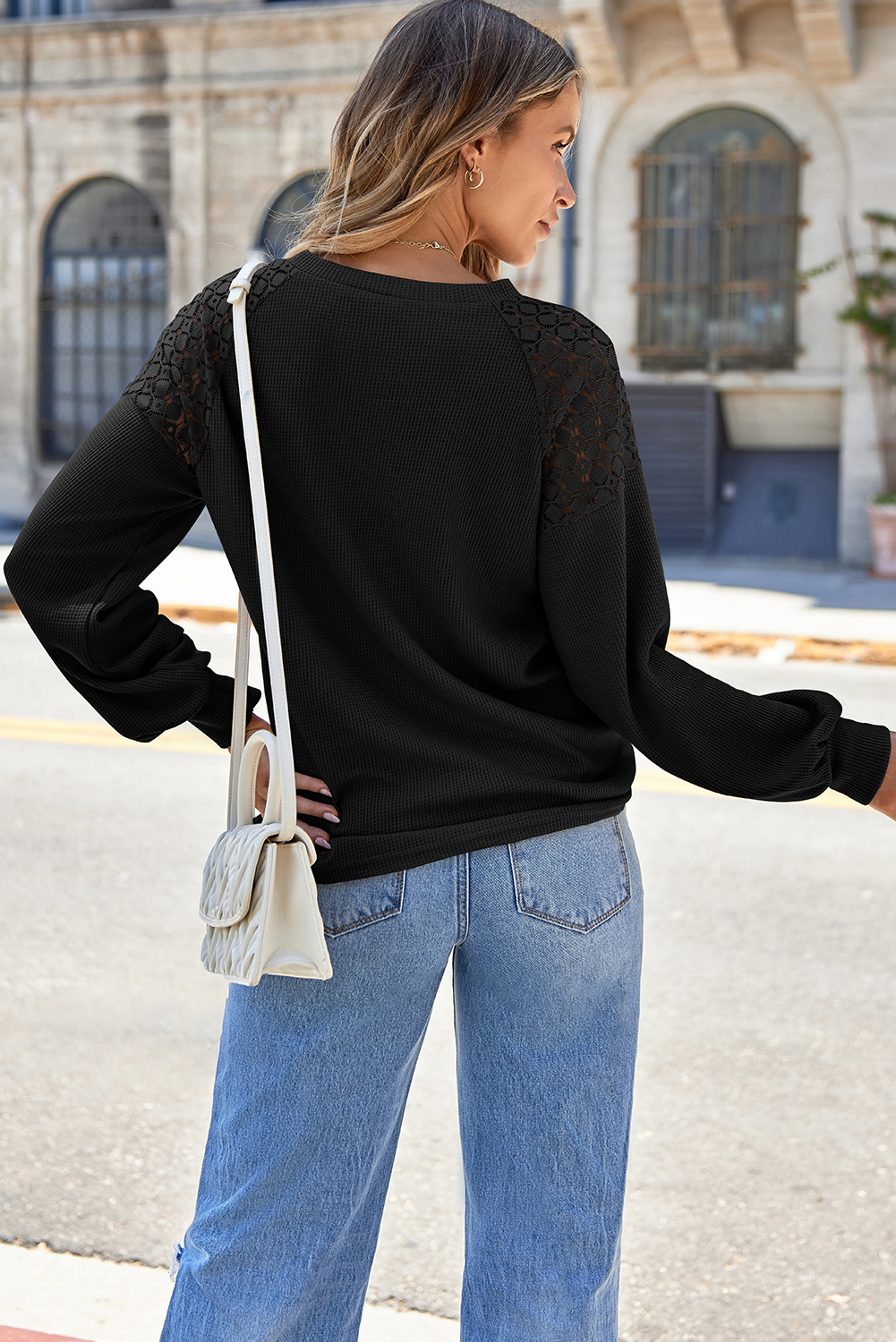 White Lace Long Sleeve Textured Pullover