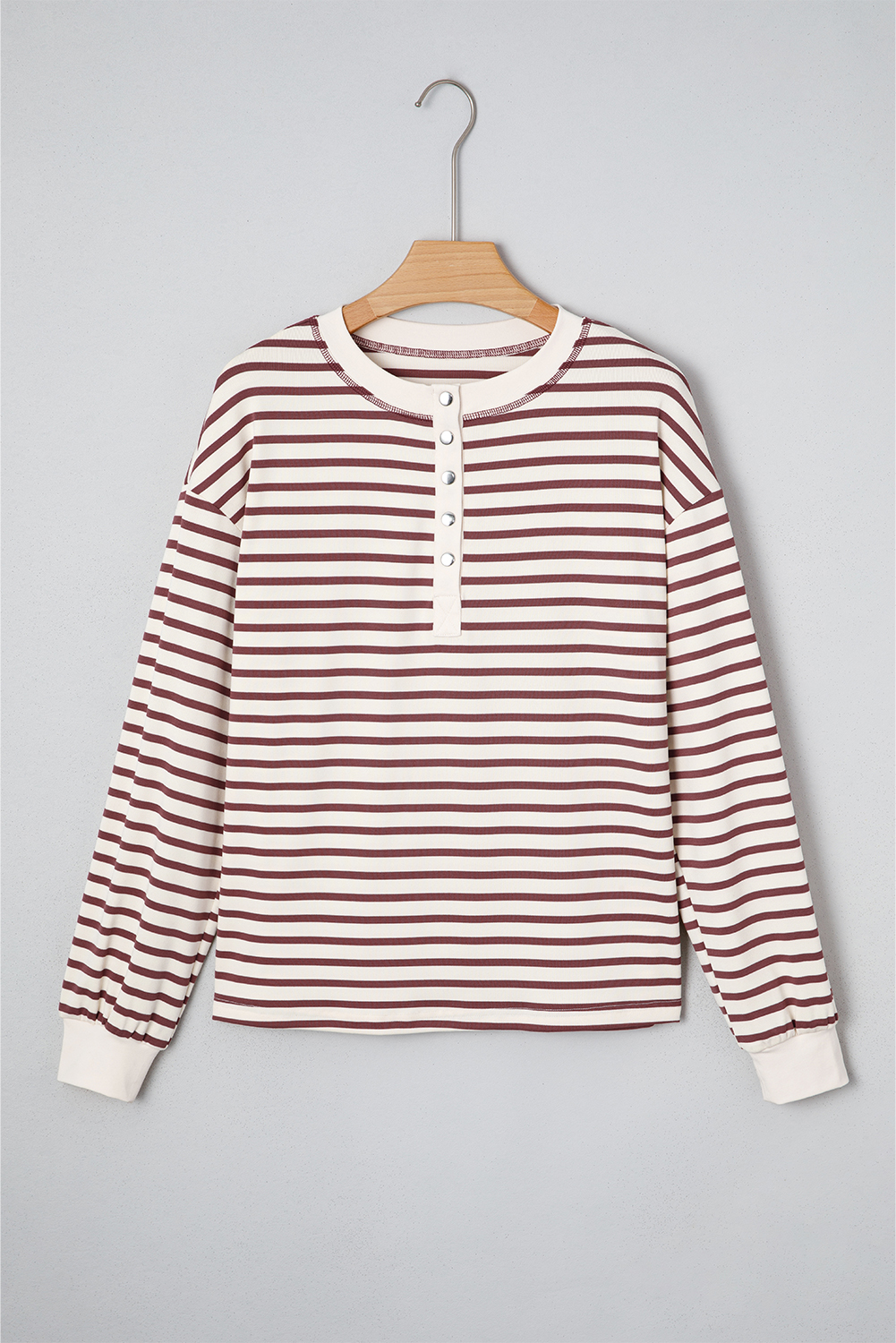 Red Dahlia Striped Print Drop Shoulder Long Sleeve Henley Top