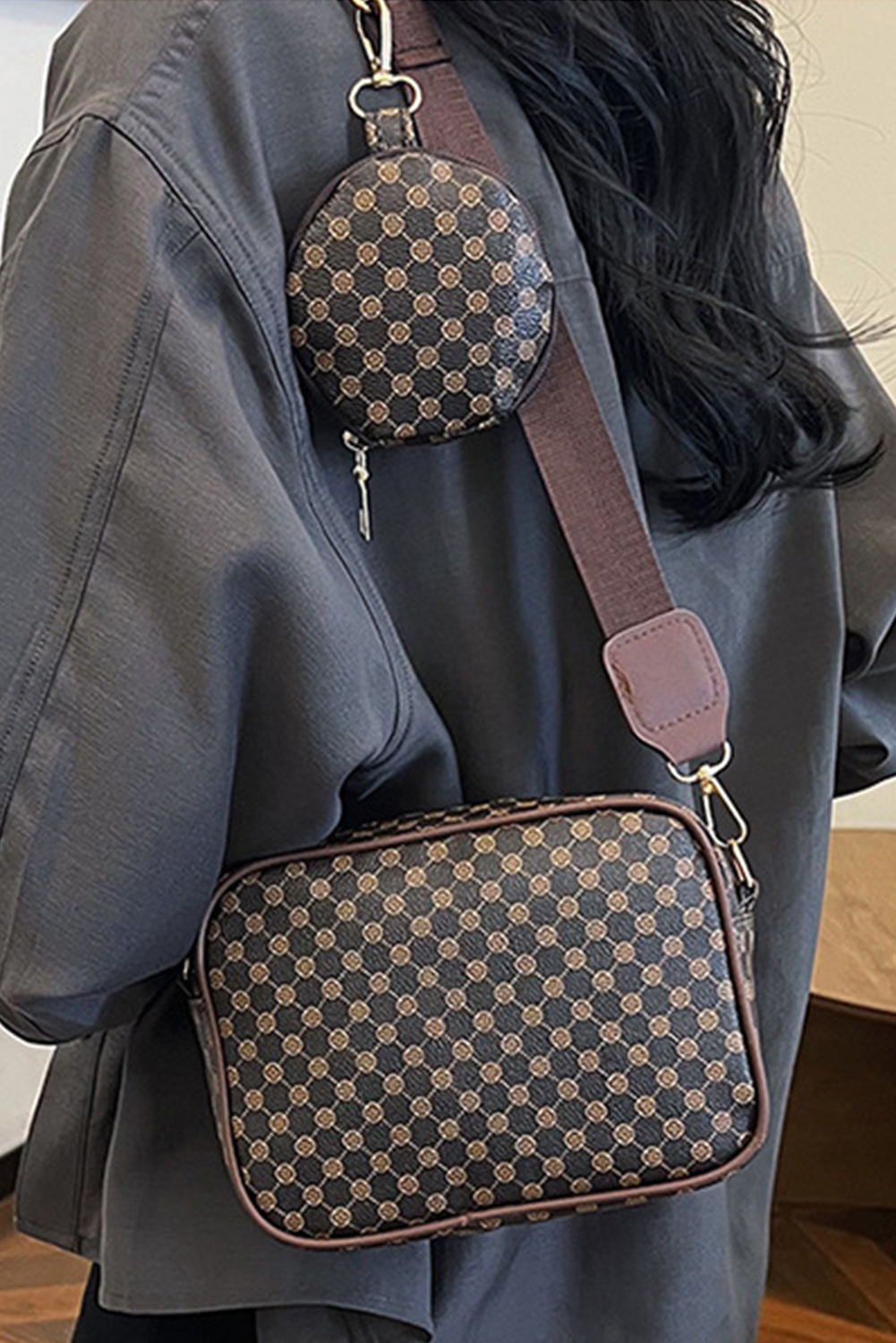 Coffee Checkered Print PU Leather Shoulder Bag with Coin Wallet