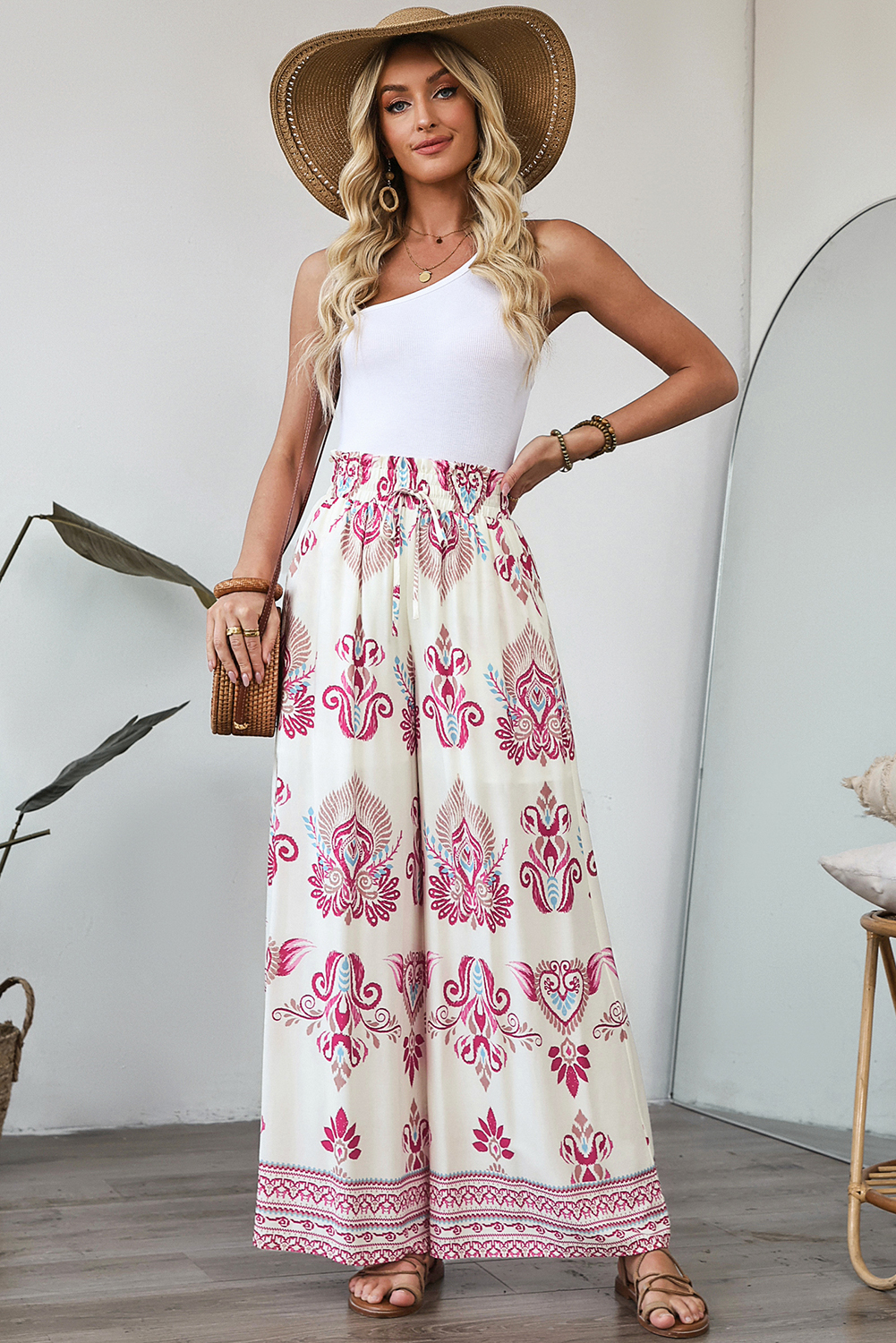 Rose Boho Printed Shirred High Waist Flowy Wide Leg Pants