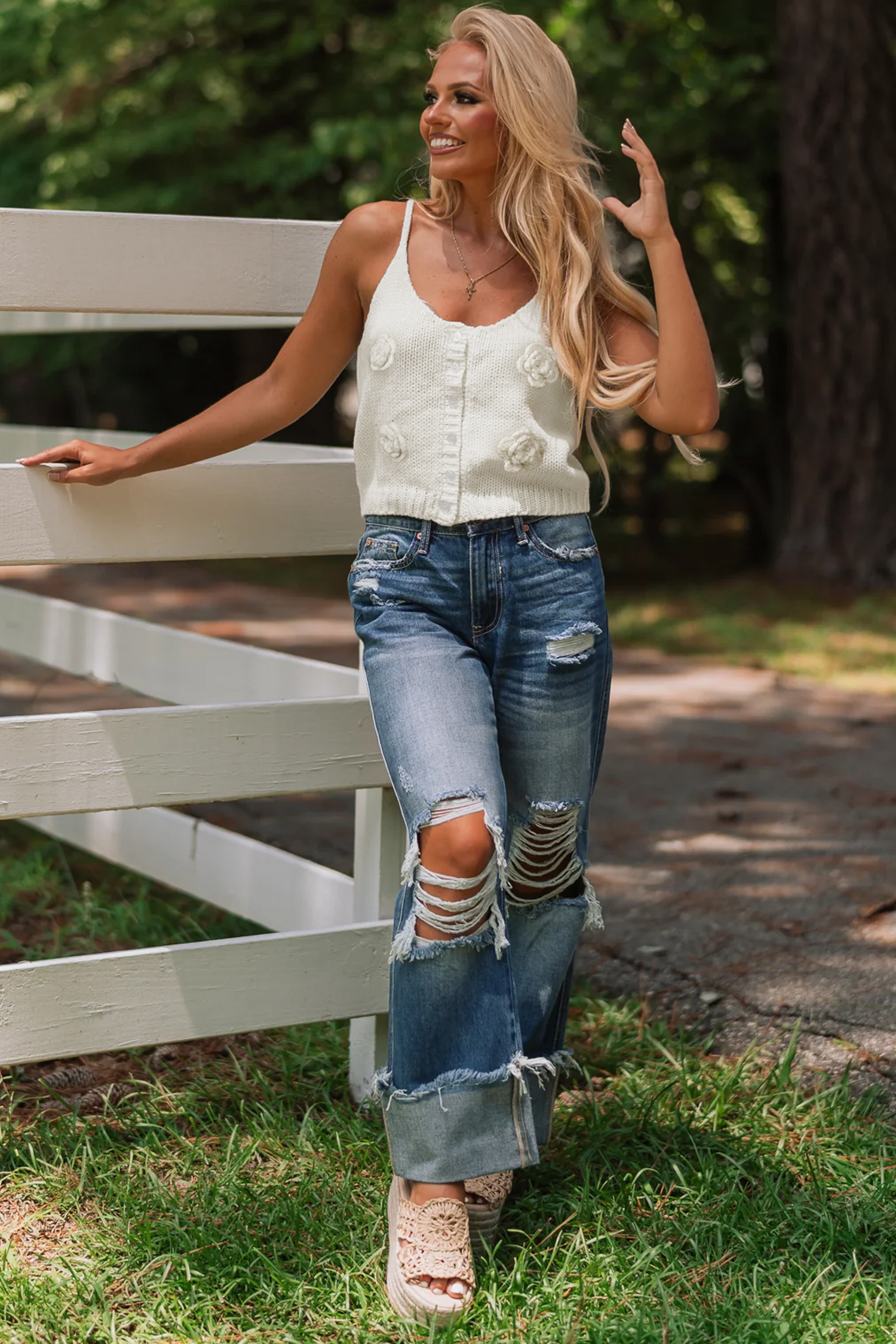 White 3D Flower Spaghetti Straps Sweater Vest