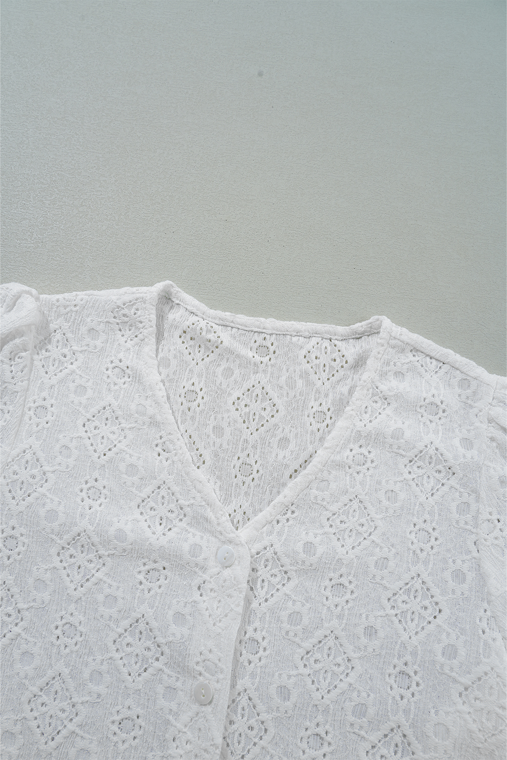 White Lace Puff Sleeve V Neck Button Up Shirt