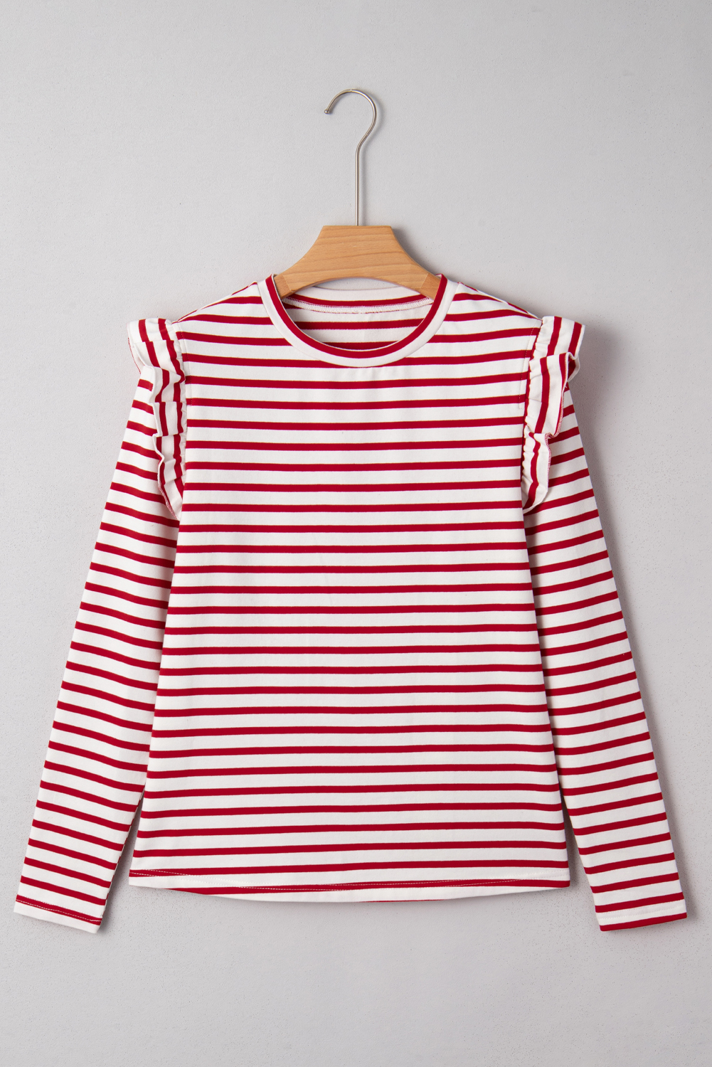 Red Stripe Round Neck Ruffle Trim Long Sleeve Top