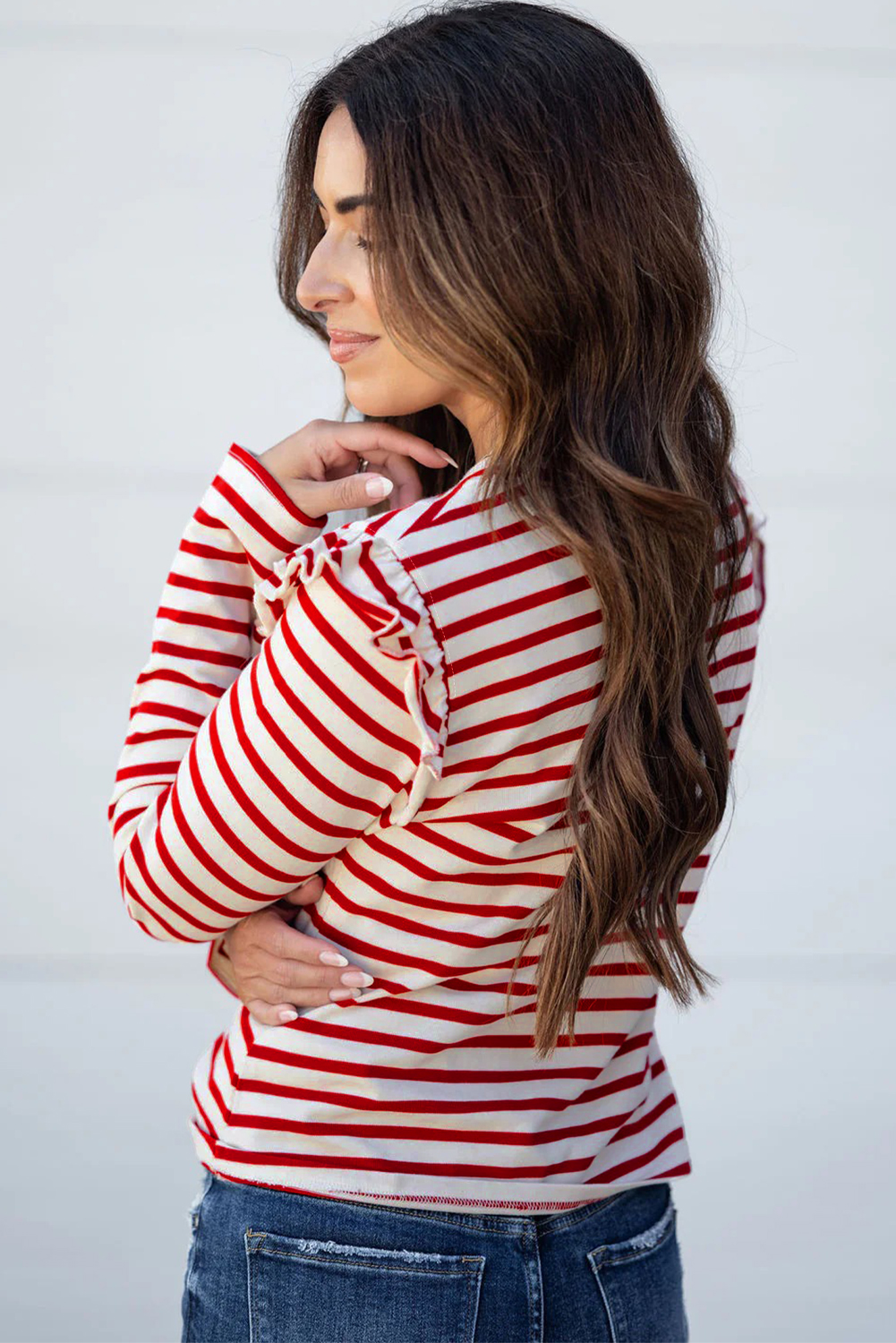 Red Stripe Round Neck Ruffle Trim Long Sleeve Top