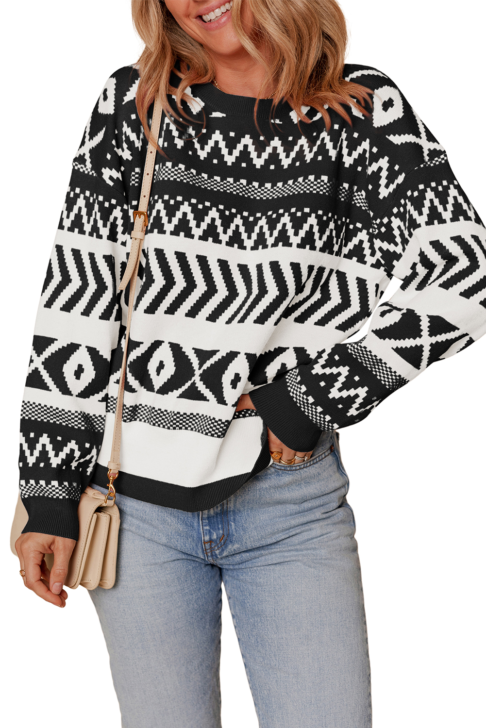 Brown Abstract Print Pullover Sweater