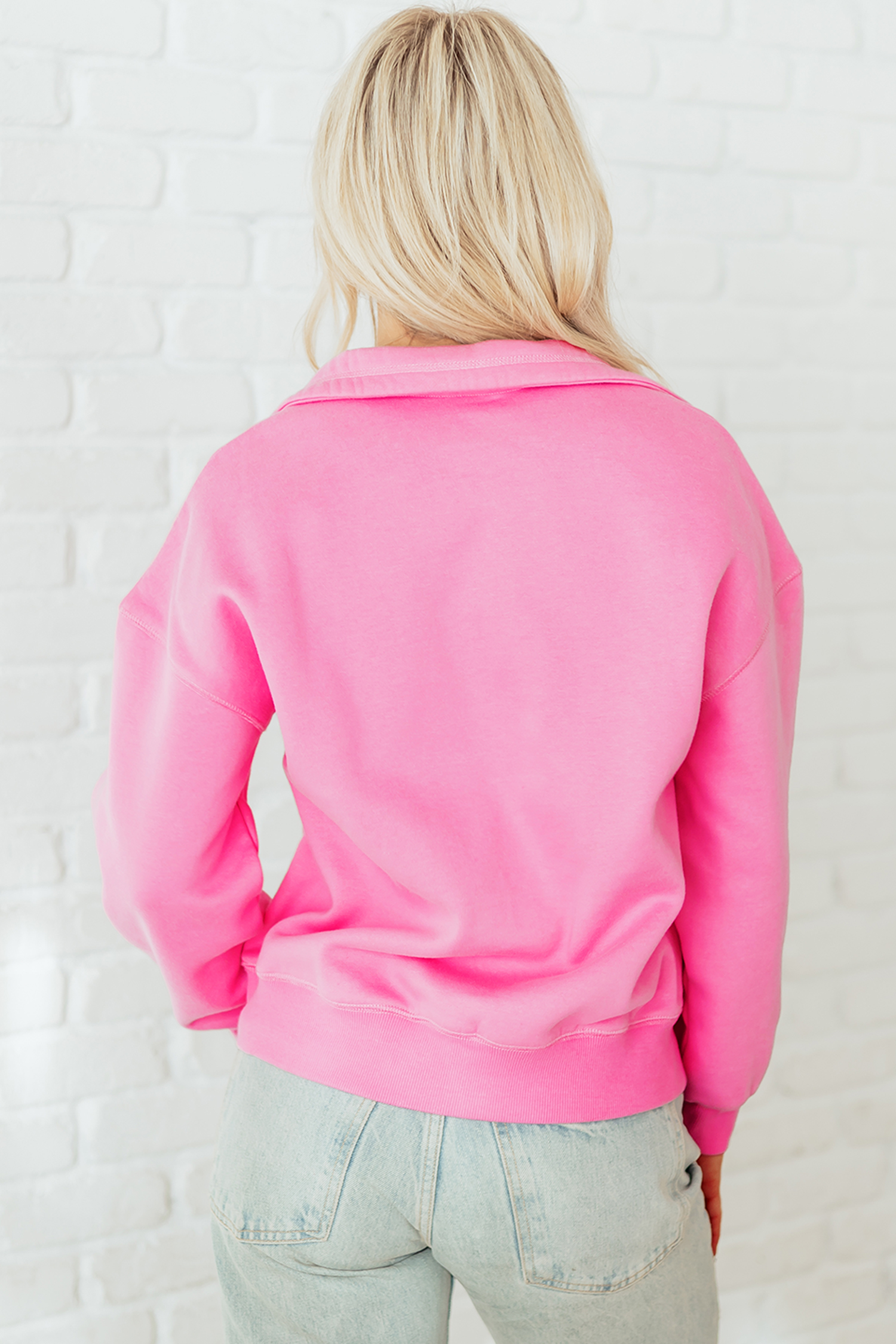Bright Pink Half Button Stand Neck Drop Shoulder Sweatshirt