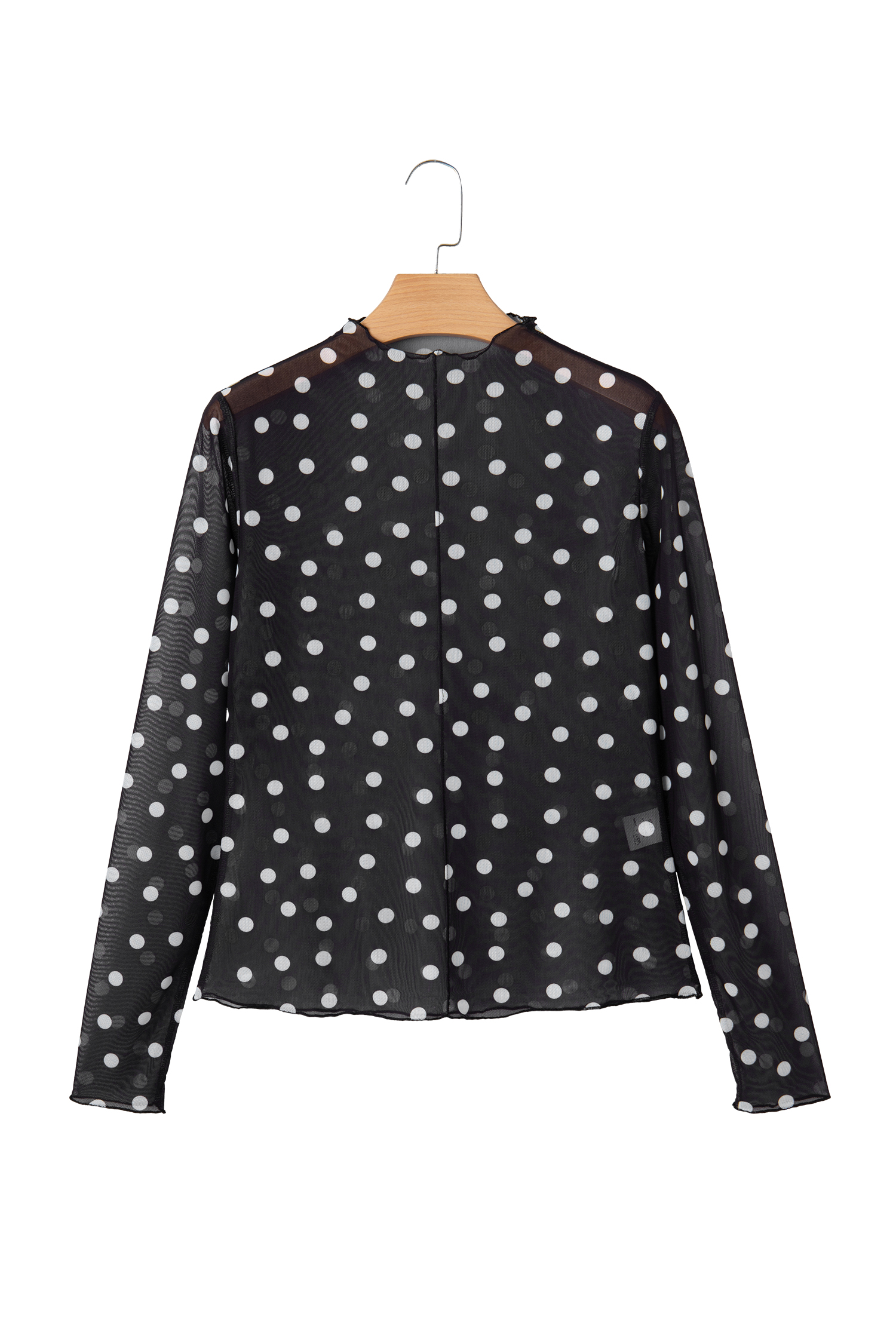 Black Polka Dot Patterned Bodycon Mock Neck Mesh Long Sleeve Top