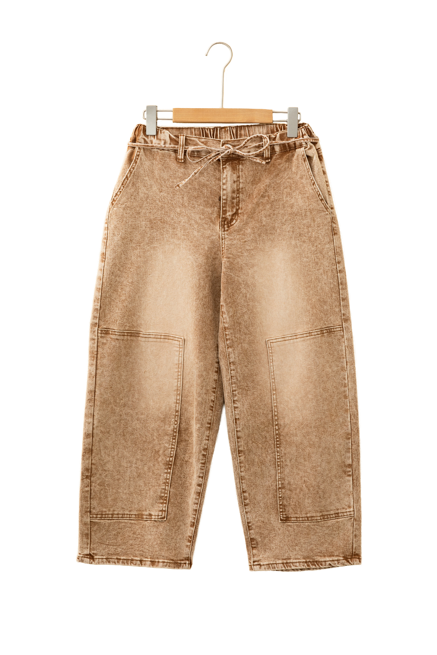 Smoke Gray Acid Wash Barrel Fit Denim Pants with Waist String