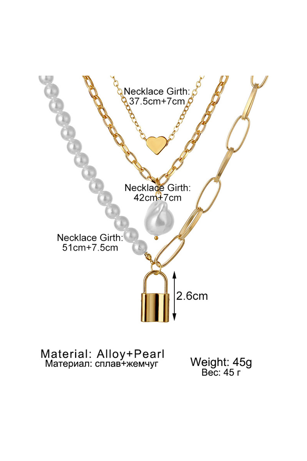 Gold Plated Heart Lock Baroque Pearl Multi Layer Necklace