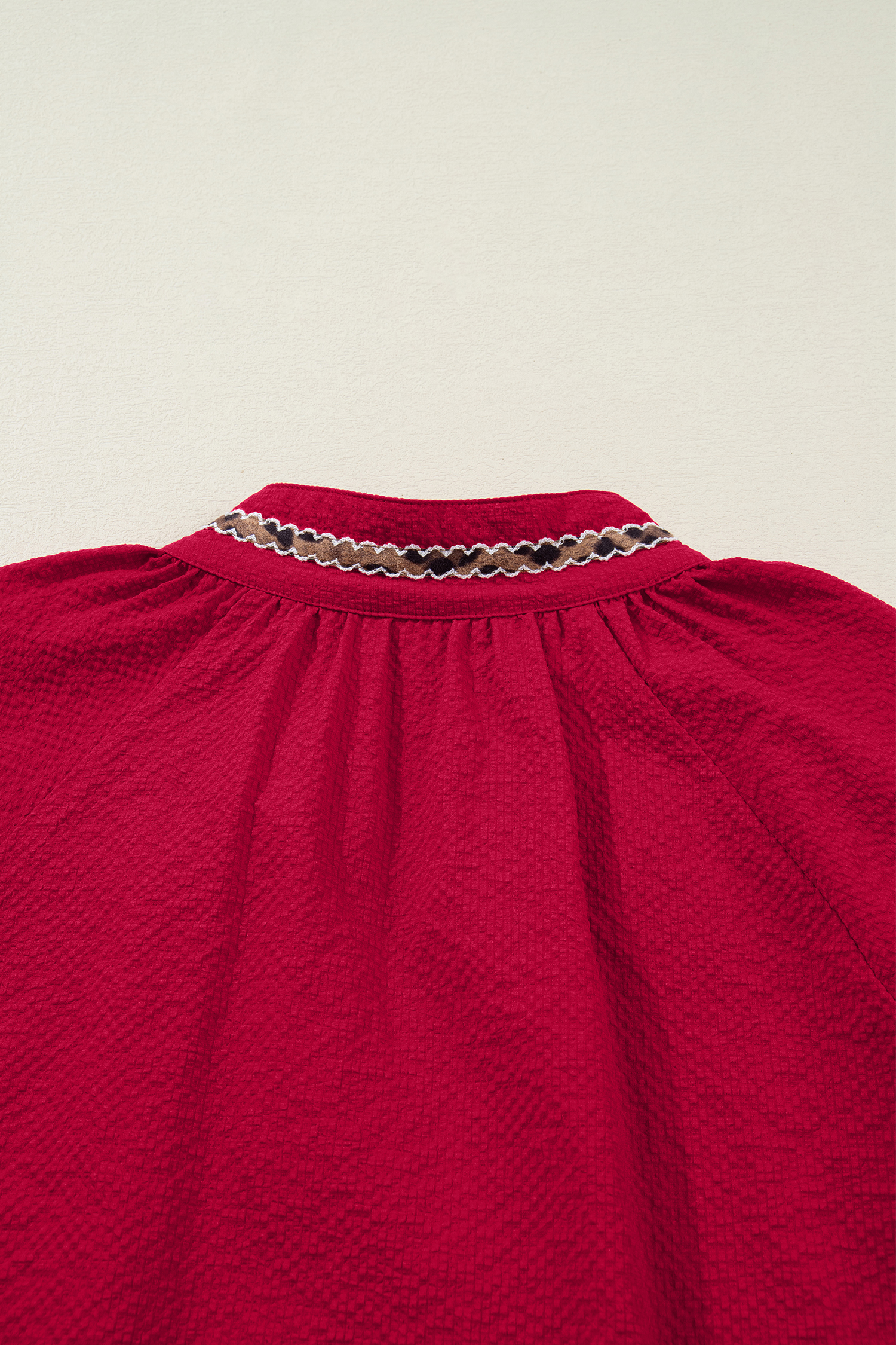 Racing Red Leopard Jacquard Print V Neck Textured Blouse