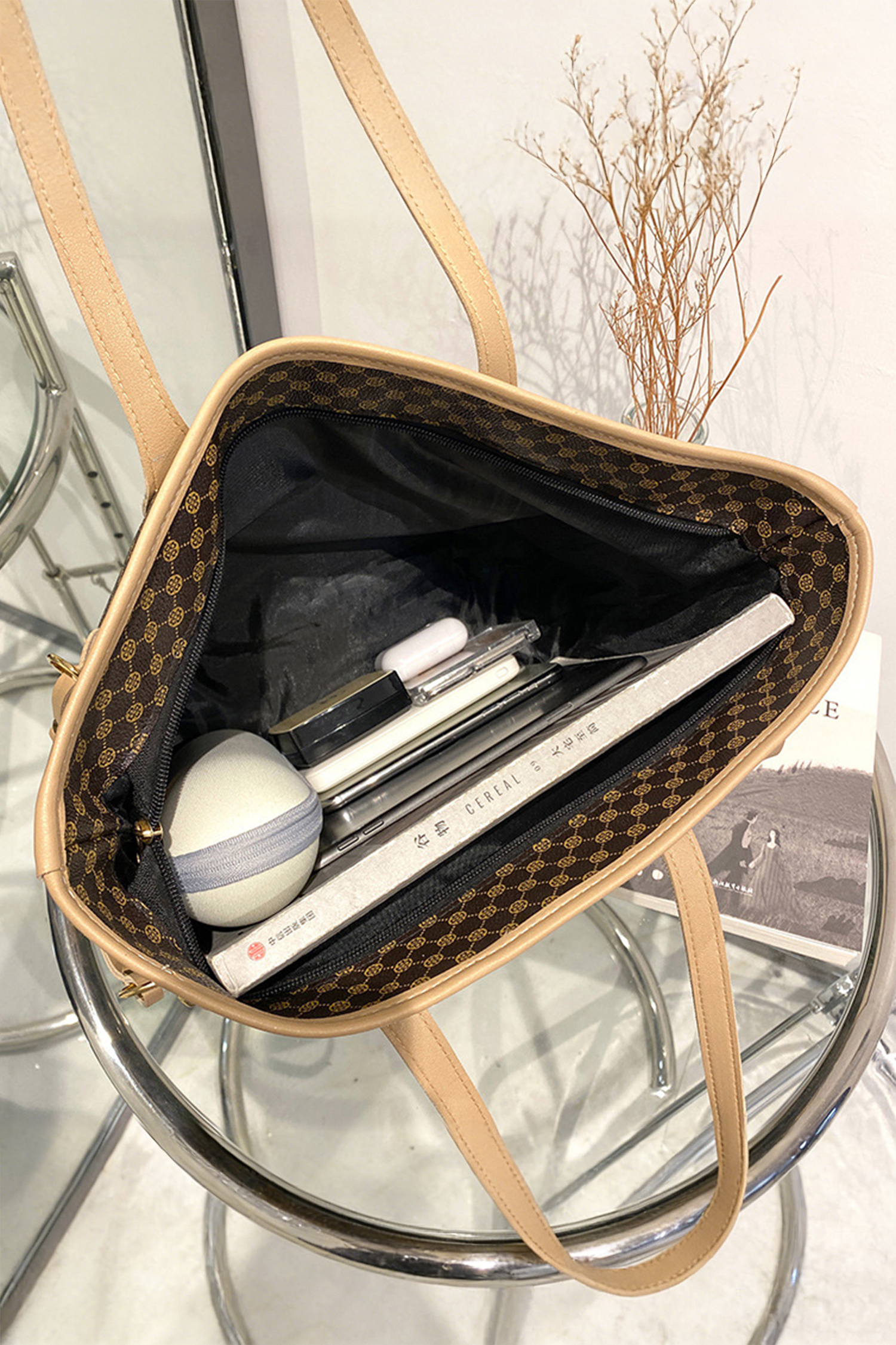 Coffee Luxury Fashion Print PU Leather Versatile One Shoulder Tote Bag