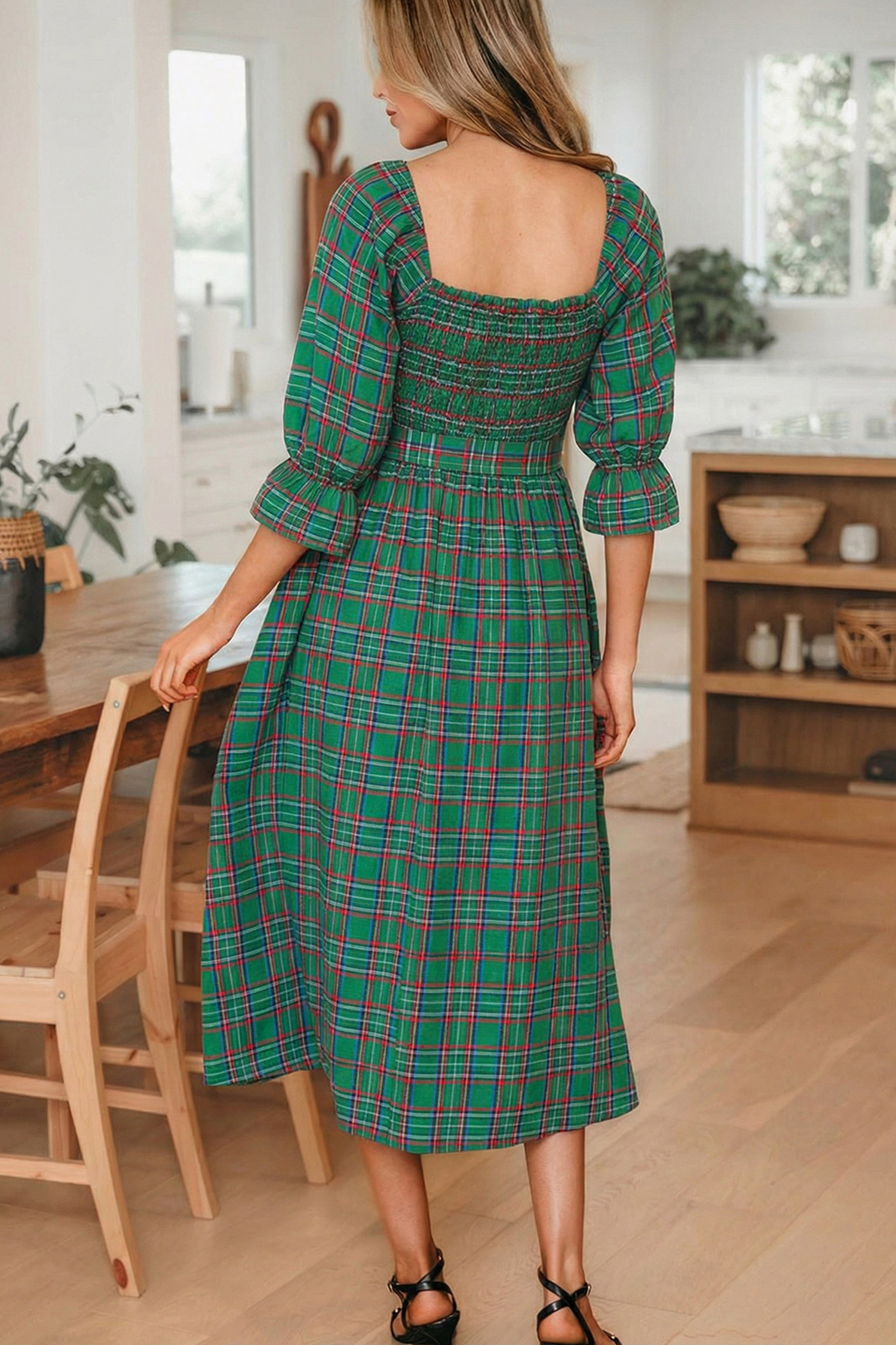 Red Tartan Plaid Square Neck Puff Sleeve Knot Waist Flared Midi Dress