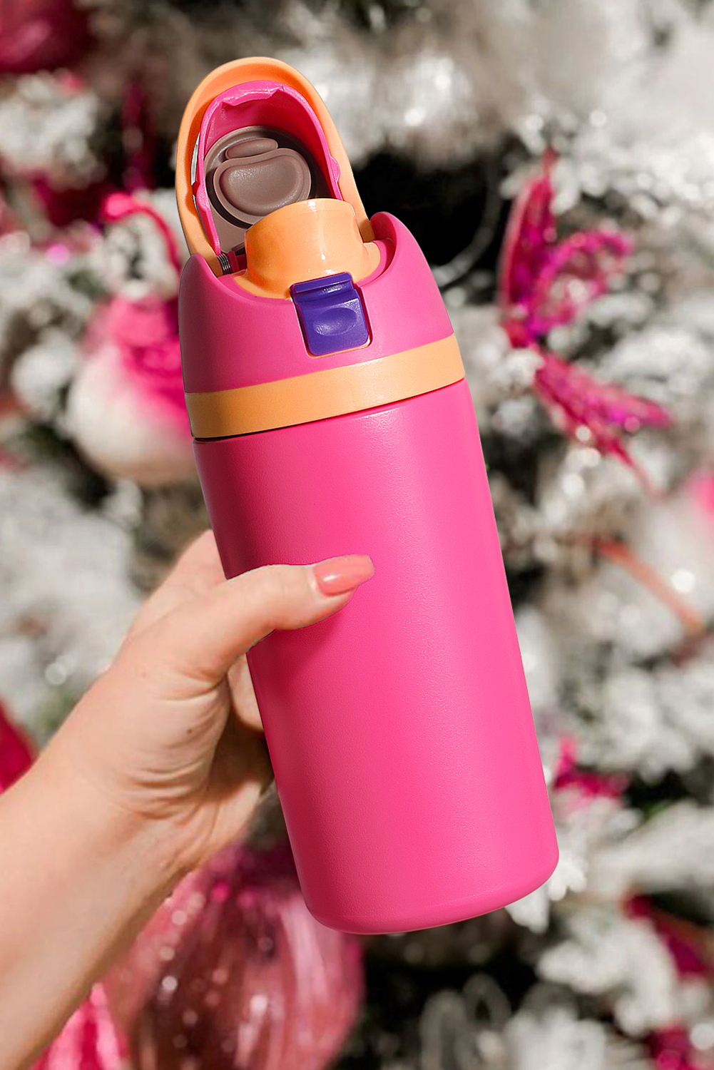 Strawberry Pink Insulated Stainless Steel Tumbler with Carry Loop 16oz