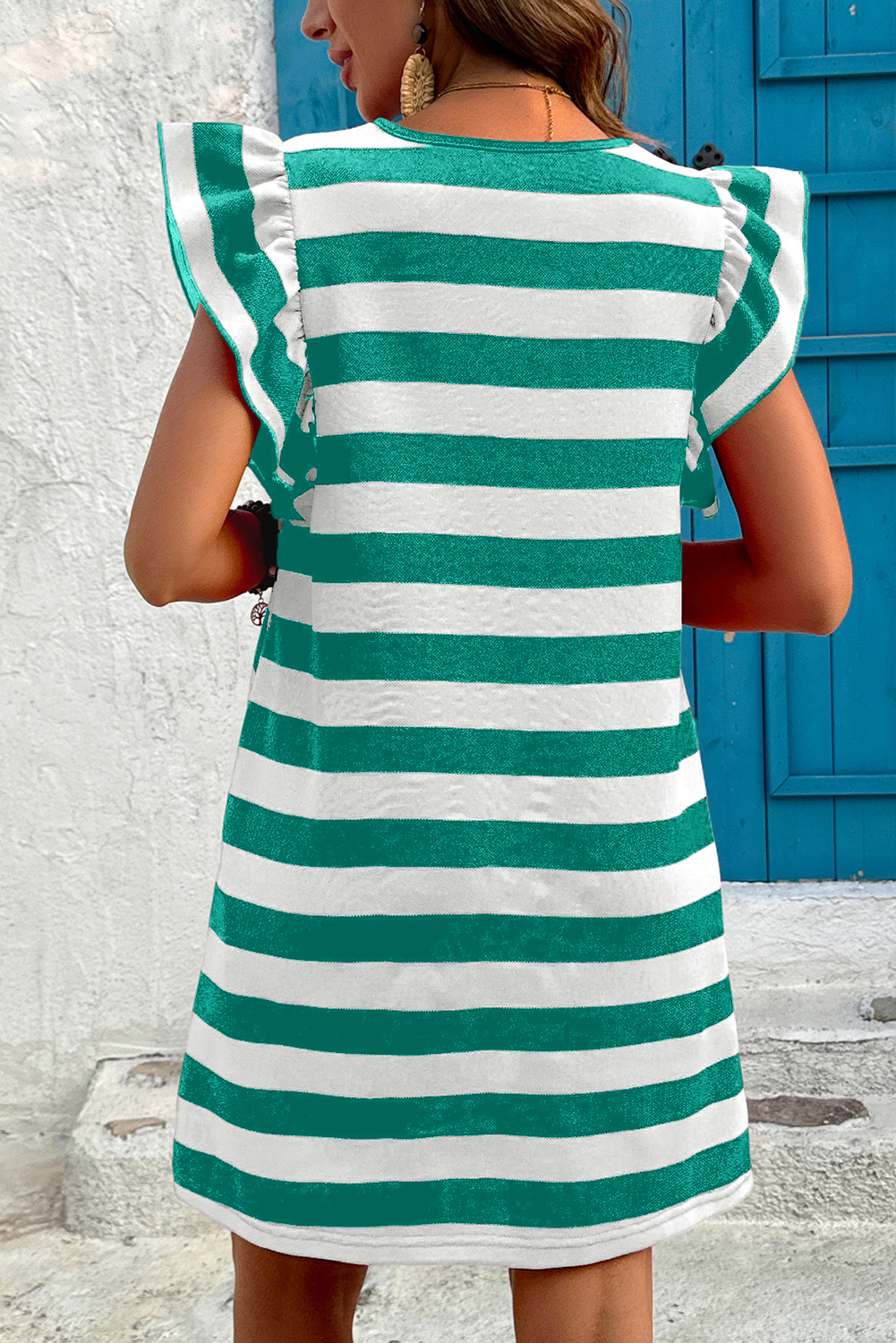 Green Stripe Flutter Sleeve Round Neck Shift Dress