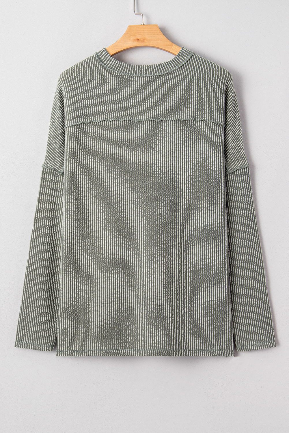 Dark Khaki Twist Ribbed Exposed Seam Detail Long Sleeve Loose Top