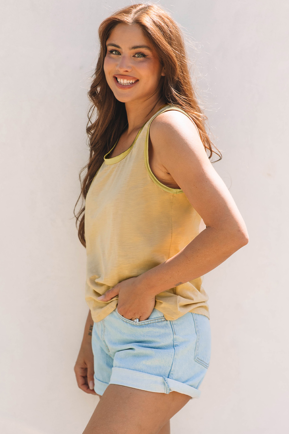 Tan Metallic Sheen Edge Scoop Neck Tank Top