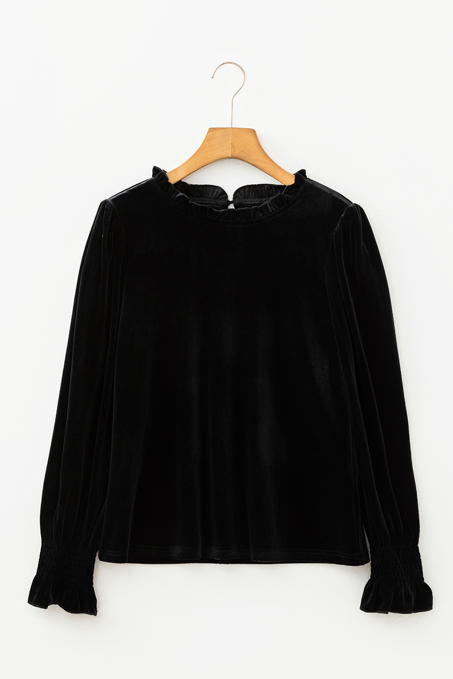 Black Frilled Collared Smocked Cuffs Puff Sleeve Velvet Blouse