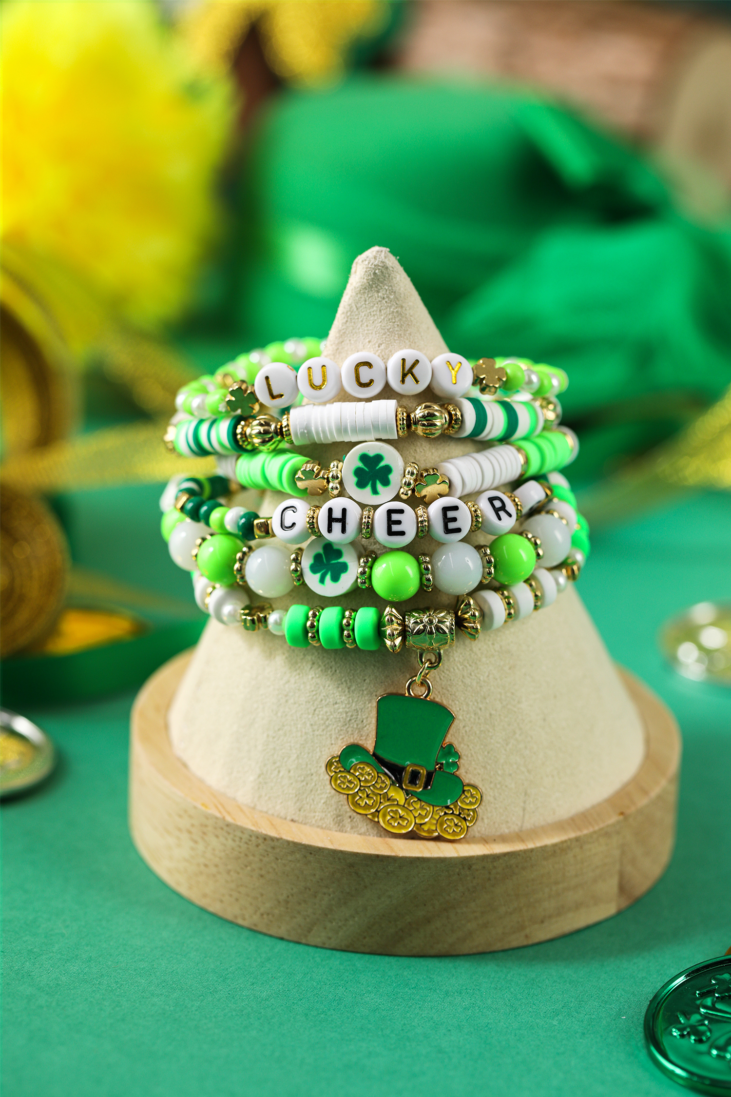 Green LUCKY CHEERS St Patricks Day Multilayered 6pcs Bracelet Set