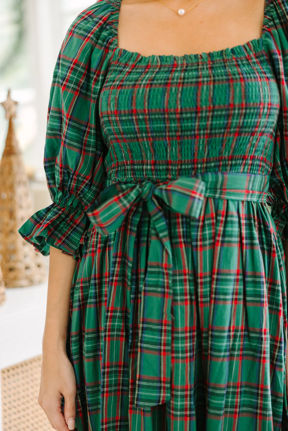 Red Tartan Plaid Square Neck Puff Sleeve Knot Waist Flared Midi Dress