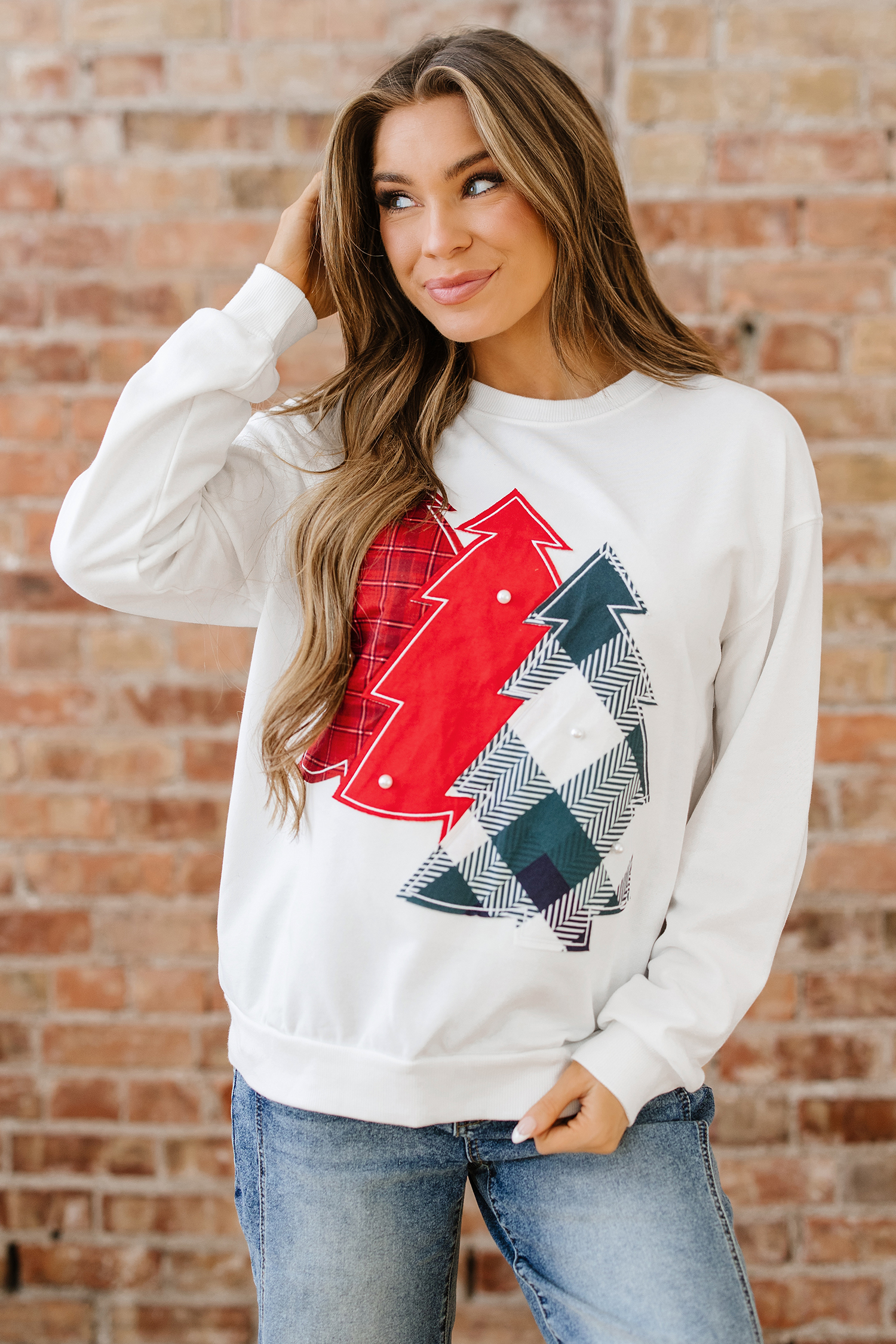 White Pearl Plaid Christmas Tree Patched Drop Shoulder Sweatshirt