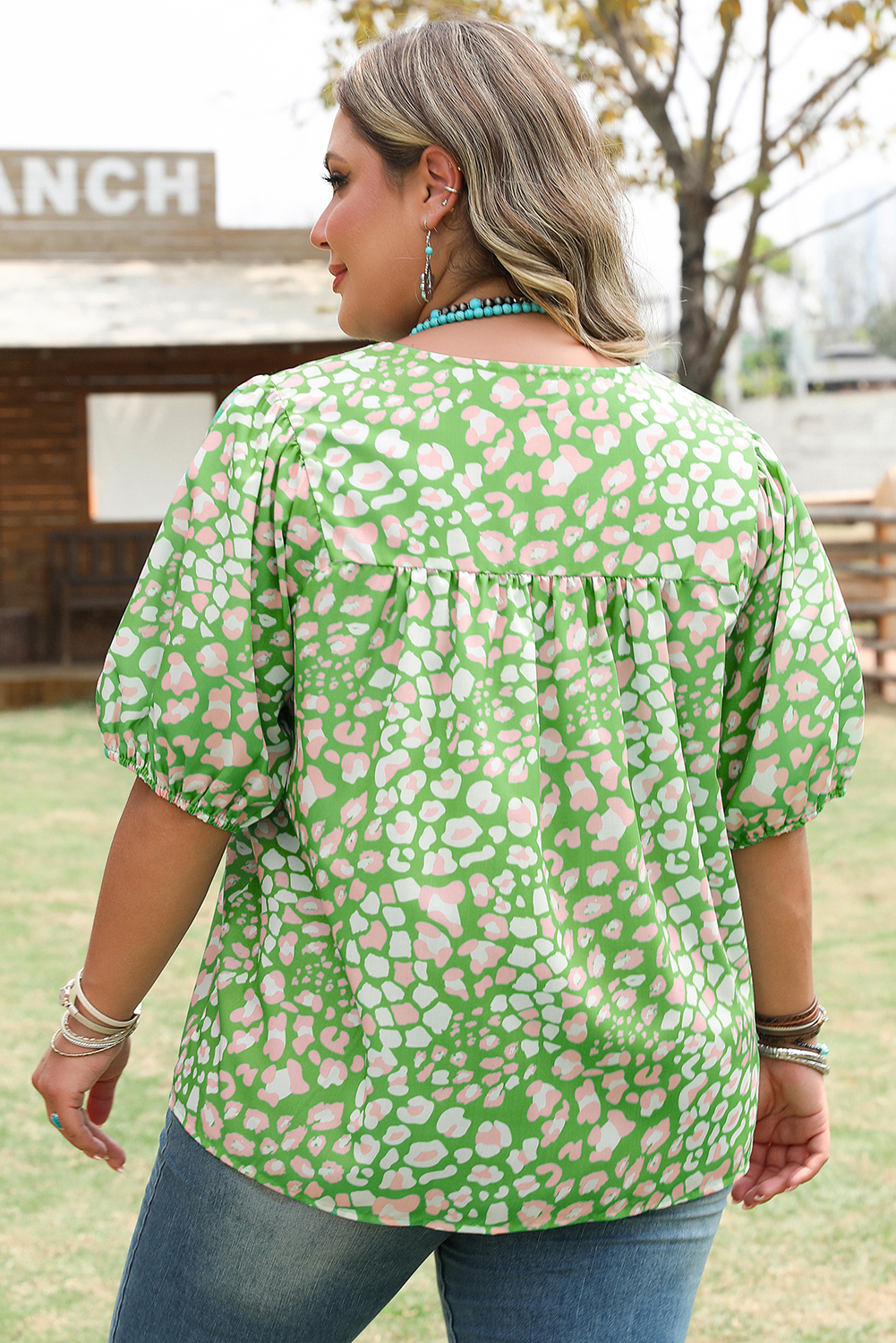 Green Abstract Leopard Tied Front Flutter Sleeve Blouse