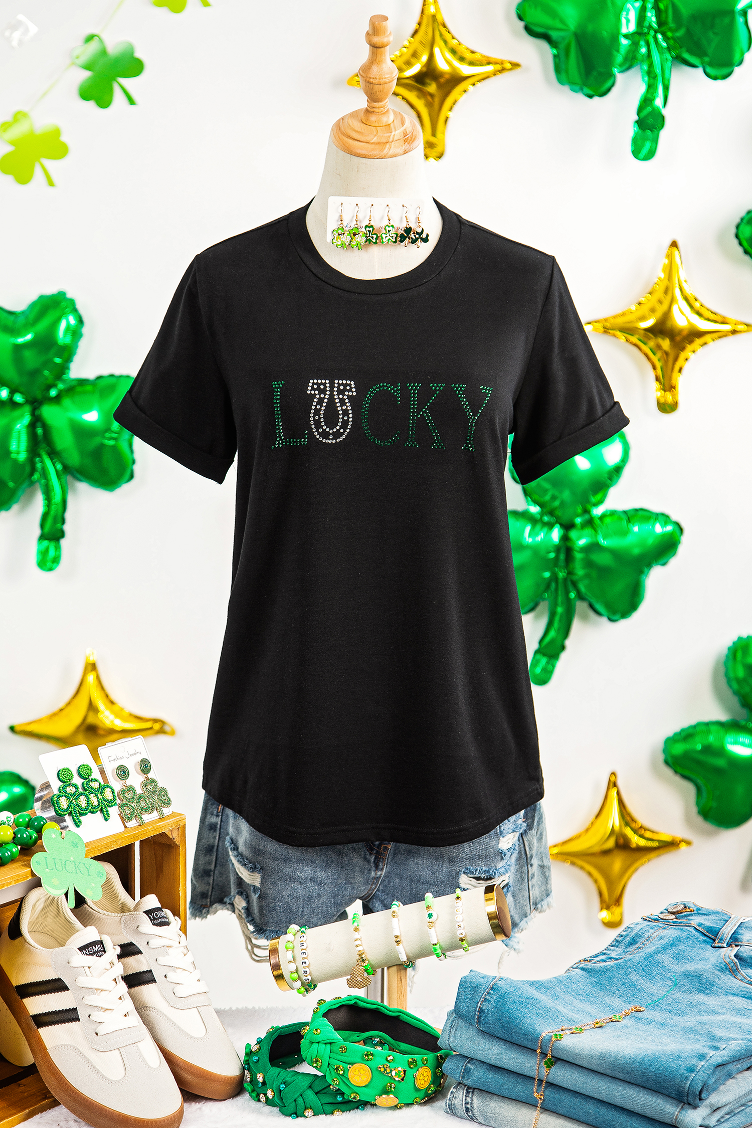 Black LUCKY Rhinestone Graphic Rolled Sleeve Tee