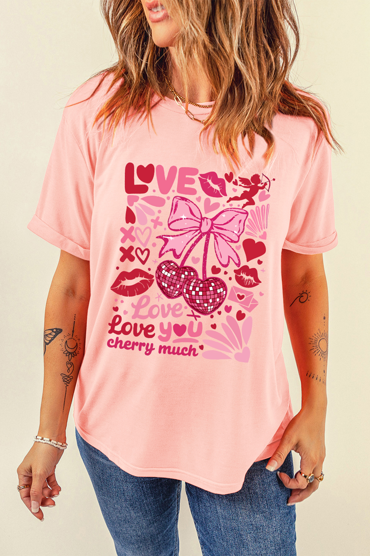 Pink Love You Cherry Much Valentines Day Graphic Tee