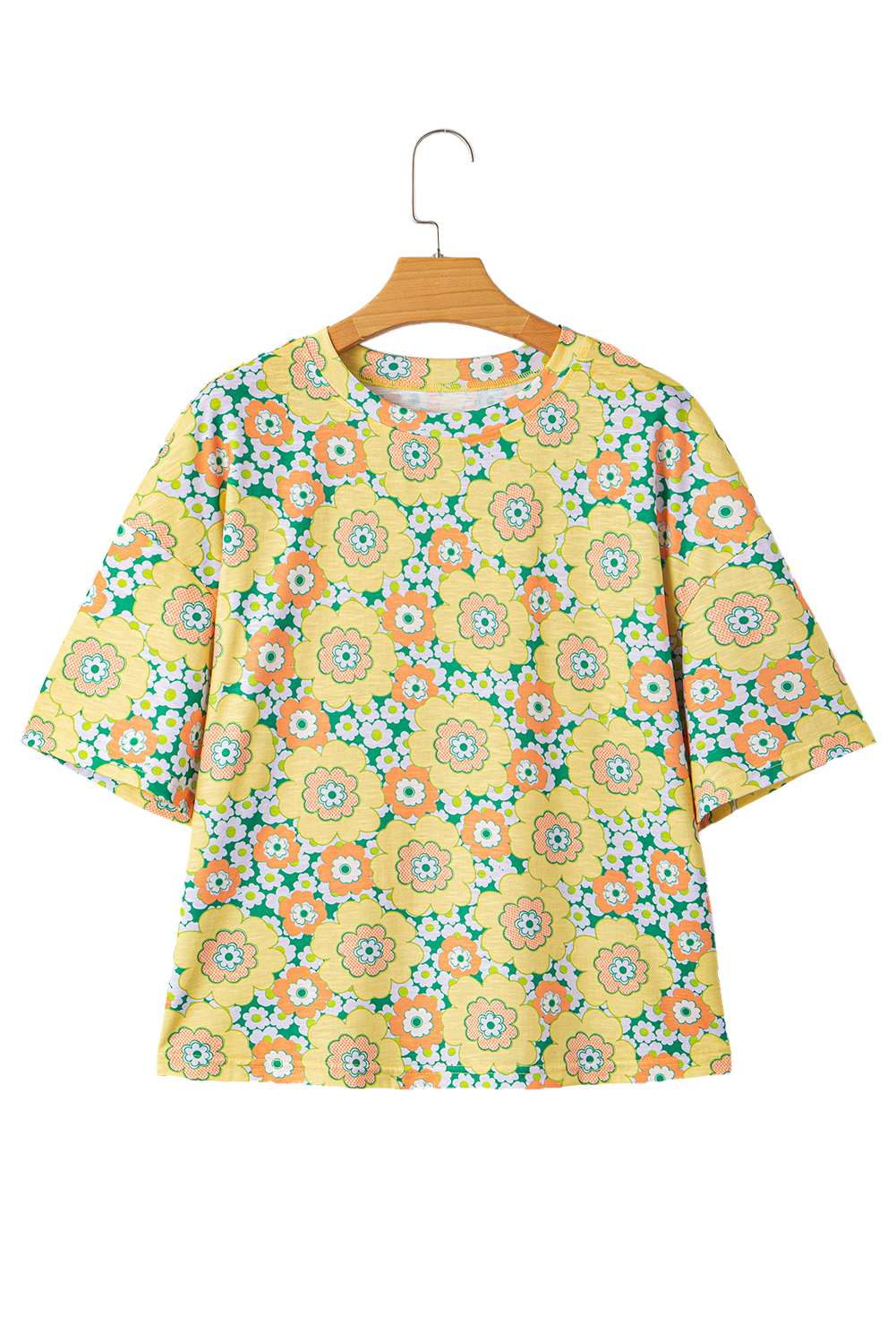 Yellow Summer Flower Printed Drop Shoulder Loose T Shirt