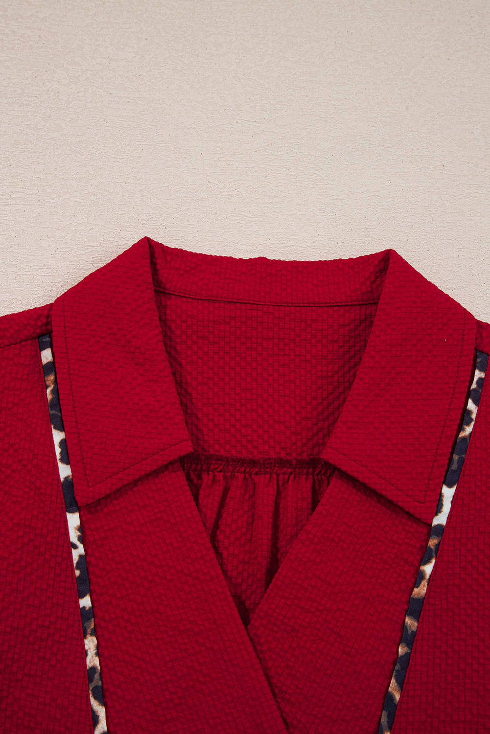 Fiery Red Textured V Neck Leopard Contrasted Trim Long Sleeve Shift Mini Dress