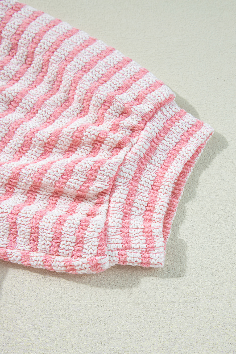 Pink Stripe Textured Puff Sleeve Crewneck Top