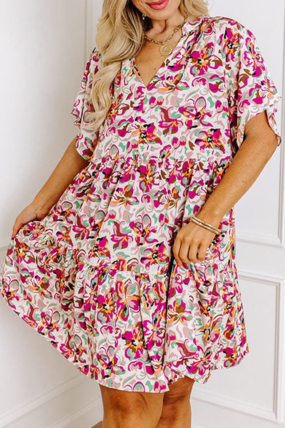 White Abstract Print V Neck Short Sleeve Ruffled Plus Size Mini Dress