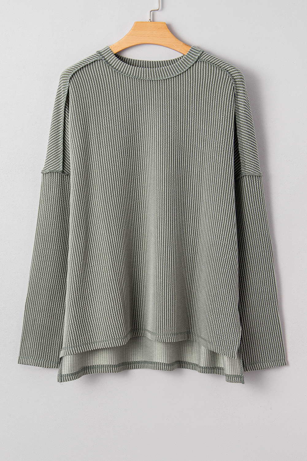 Dark Khaki Twist Ribbed Exposed Seam Detail Long Sleeve Loose Top