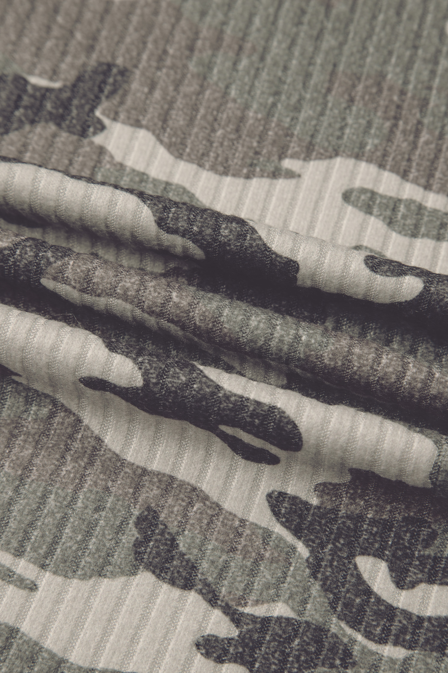 Gray Camouflage Print Ribbed Knit Round Neck Tank Top