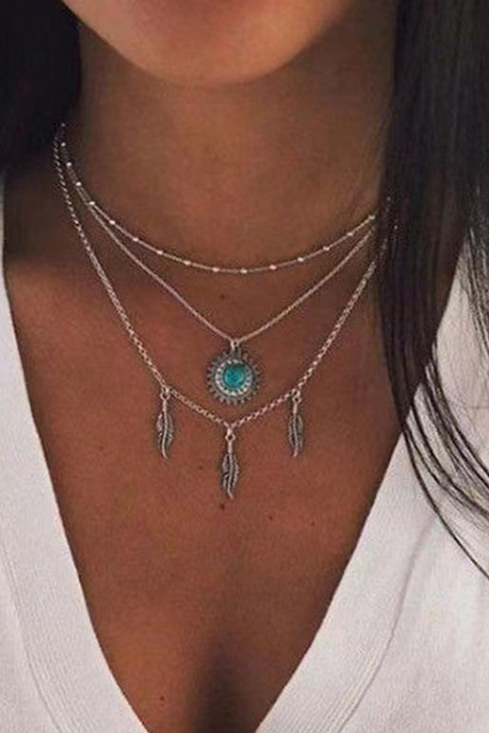 Silvery Boho Turquoise Sun Leaves Multi Layered Necklace