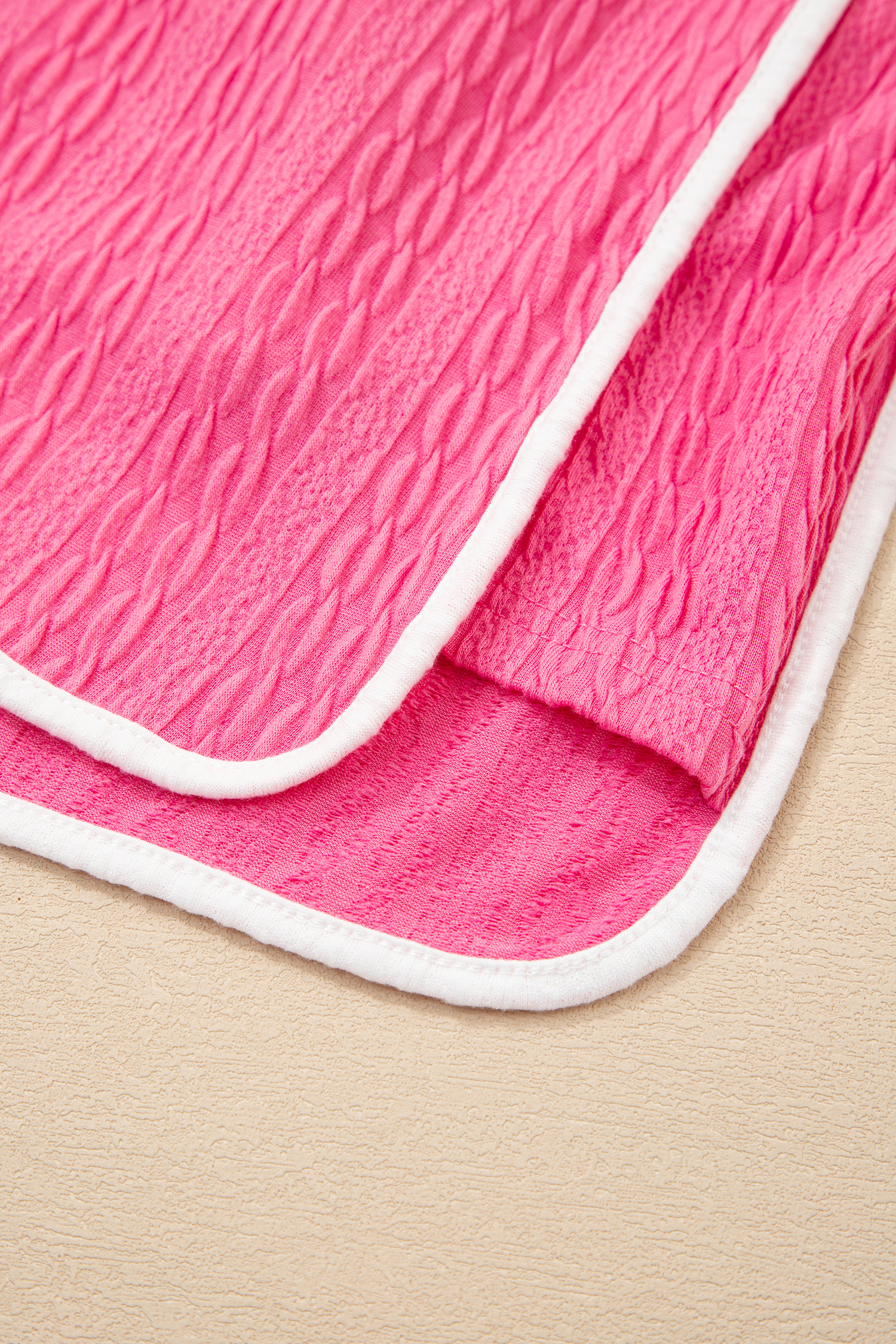 Bright Pink Textured Color Block Trim Loose Tee Drawstring Shorts 2pcs Set